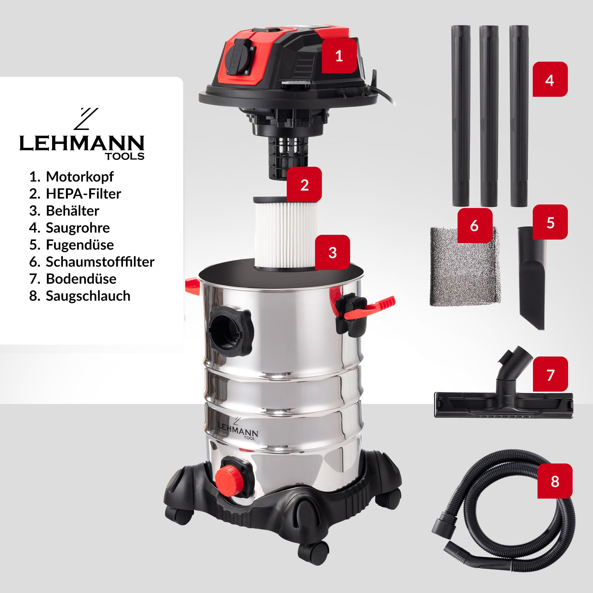 Aspirapolvere industriale Lehmann mostrato smontato con componenti numerati.