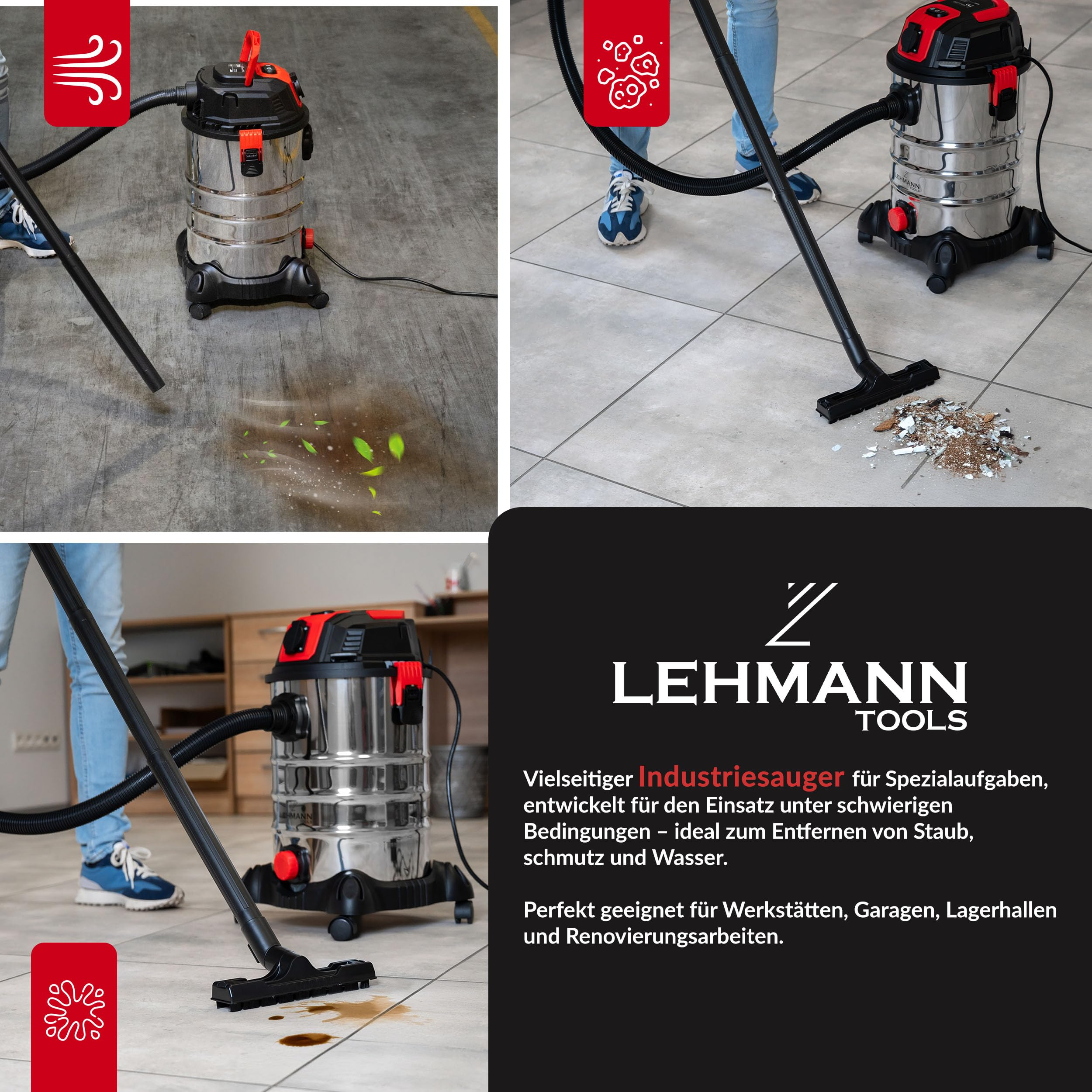 Un aspirapolvere industriale Lehmann Tools pulisce sporco e liquidi.