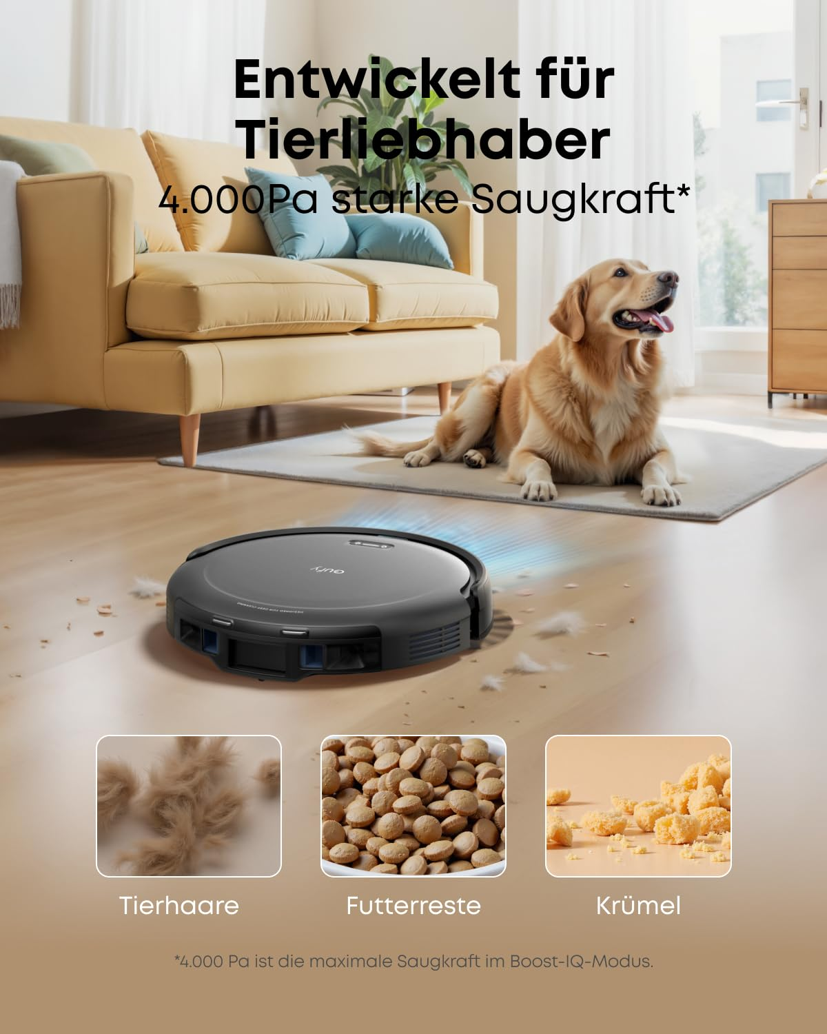 Un robot aspirapolvere pulisce il pavimento con un cane vicino, e tre riquadri mostrano peli di animali, cibo e briciole.