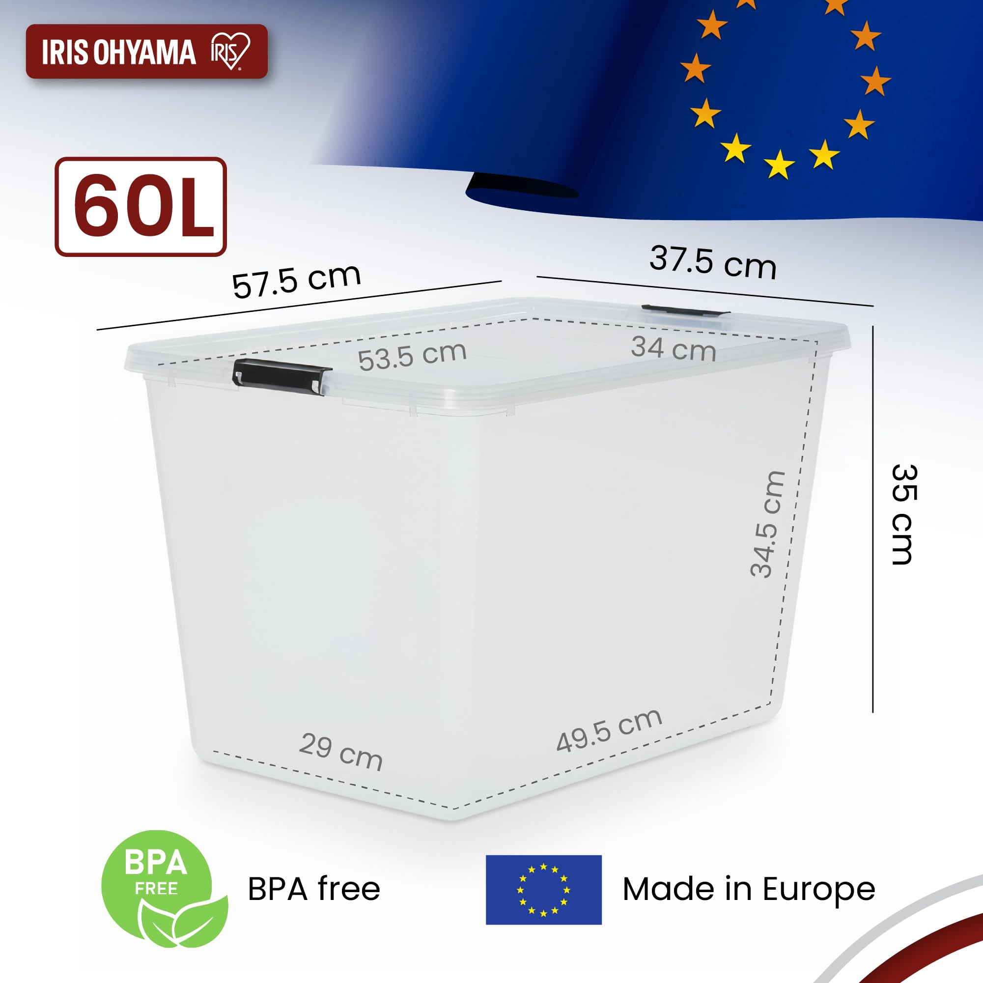 Scatola portaoggetti trasparente da 60L con dimensioni, bandiera UE e logo BPA free.