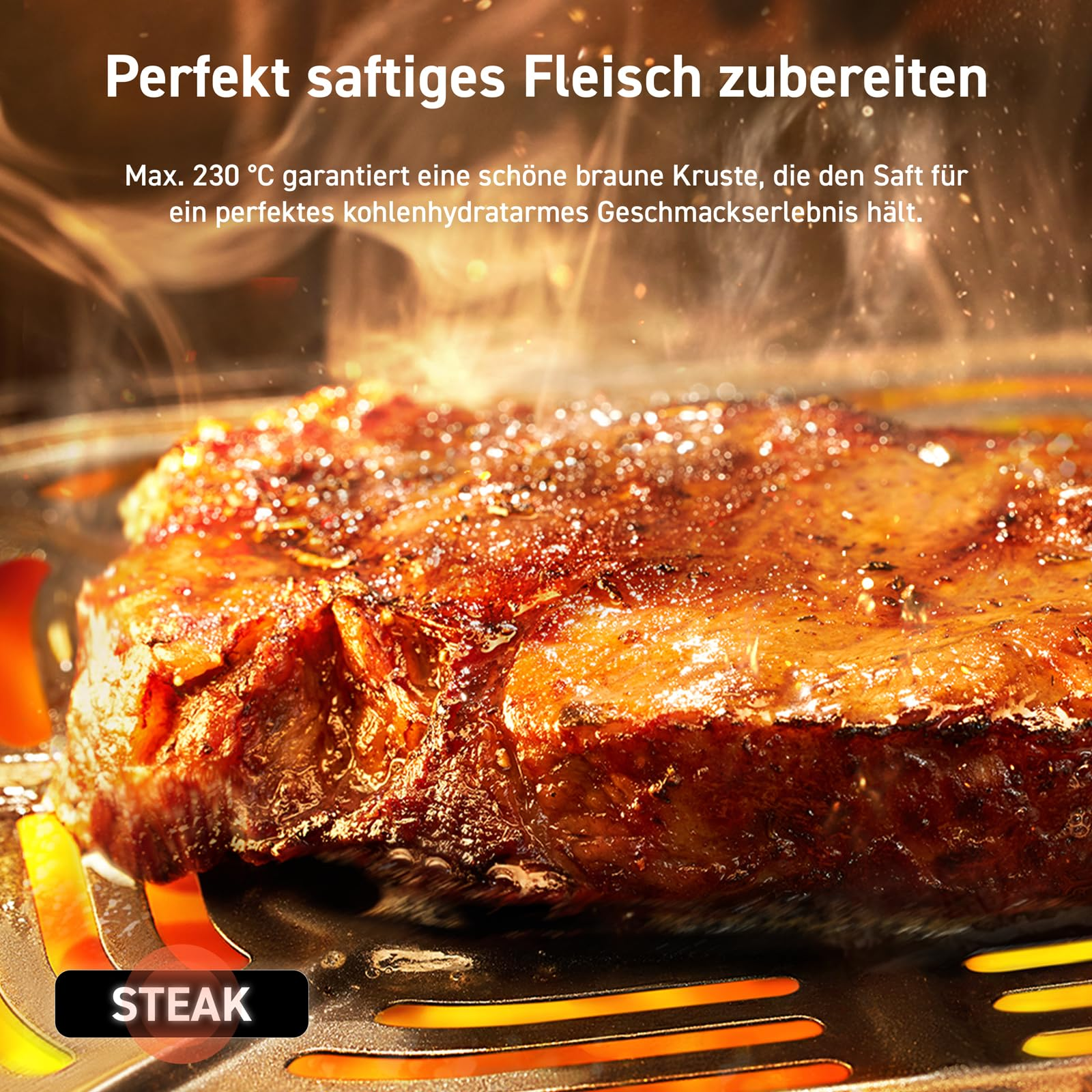 Un steak juteux grésille sur un gril avec de la fumée et du texte promotionnel.