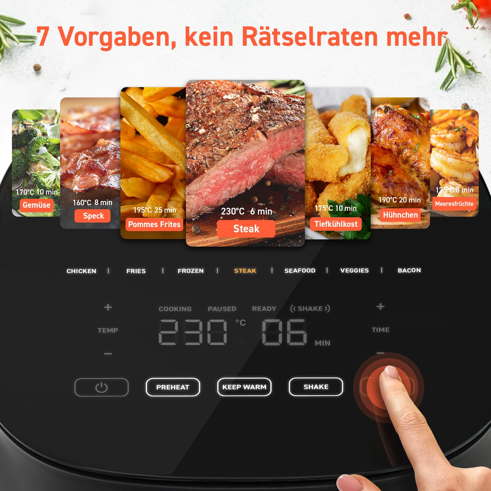 Écran tactile de friteuse à air affichant des préréglages de cuisson pour divers aliments.