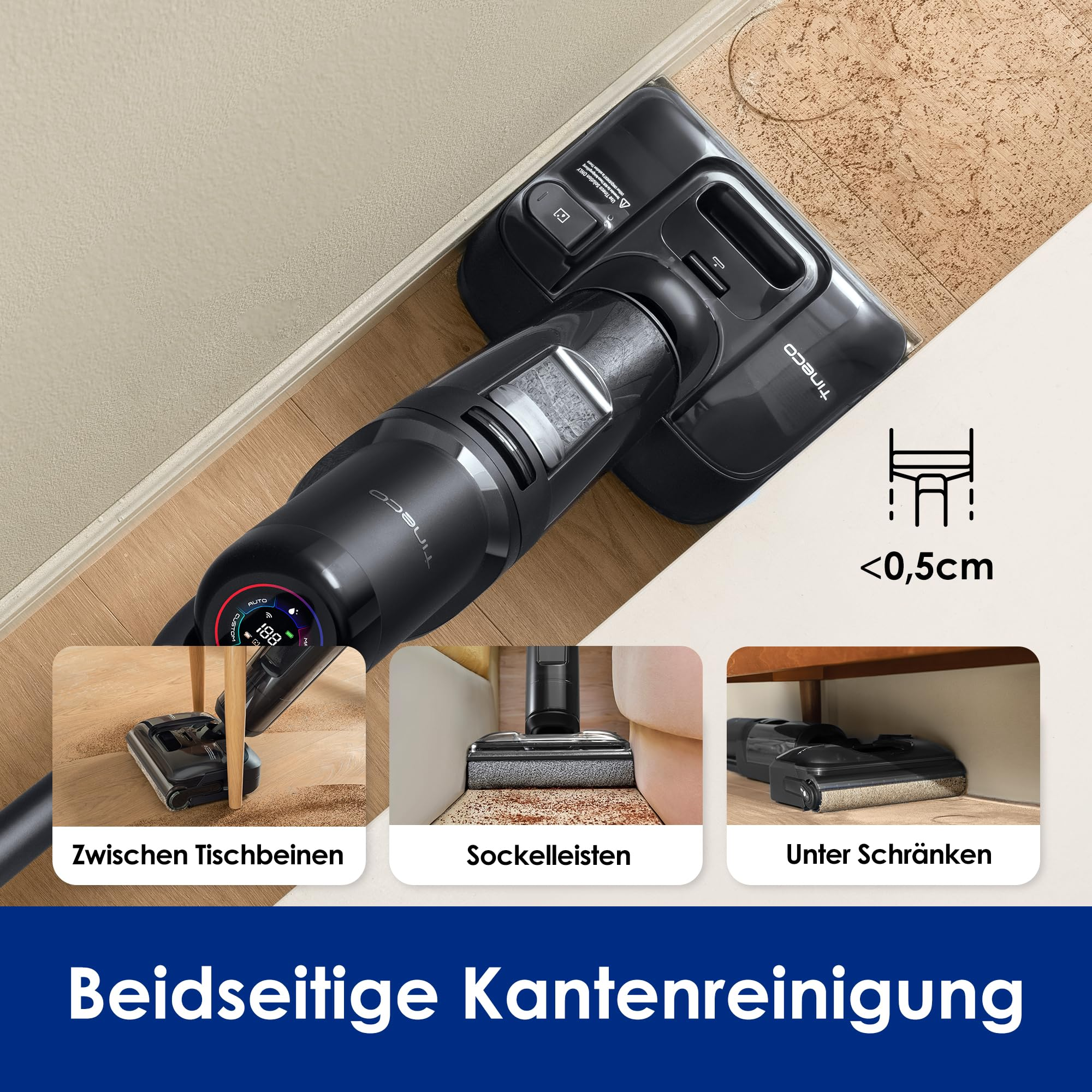 Ein schwarzer Tineco-Bodenreiniger reinigt nahe einer Fußleiste, mit Insets für enge Bereiche und Kanten.