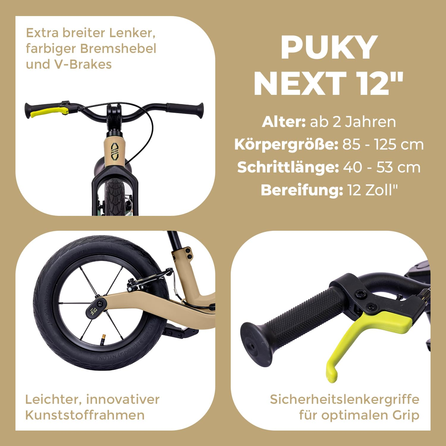Puky Next 12 Kinderfahrrad mit breitem Lenker, leichtem Kunststoffrahmen und farbigem Bremshebel.