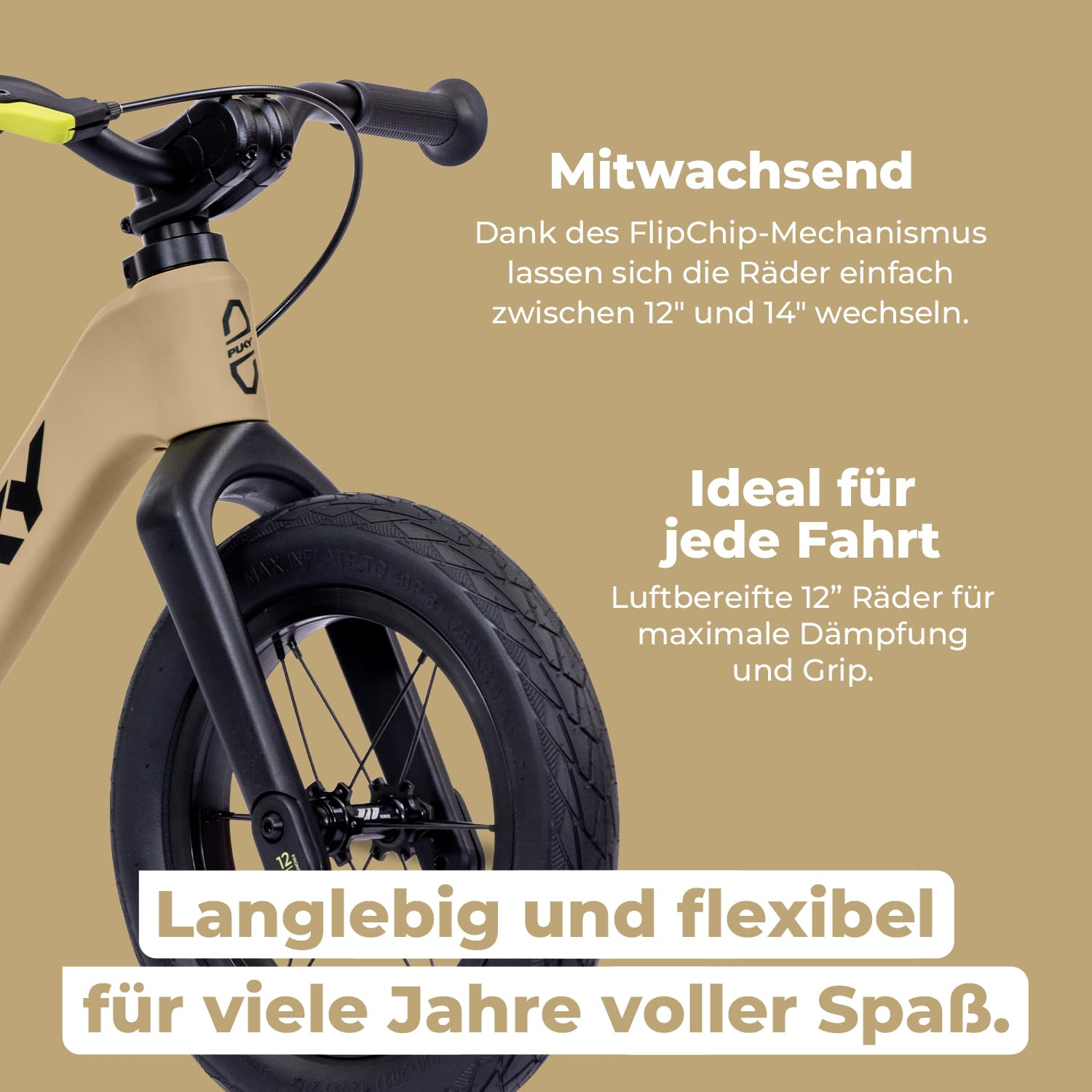 Ein beiges Kinderfahrrad mit schwarzem Vorderrad und deutscher Werbetext auf beigem Hintergrund.