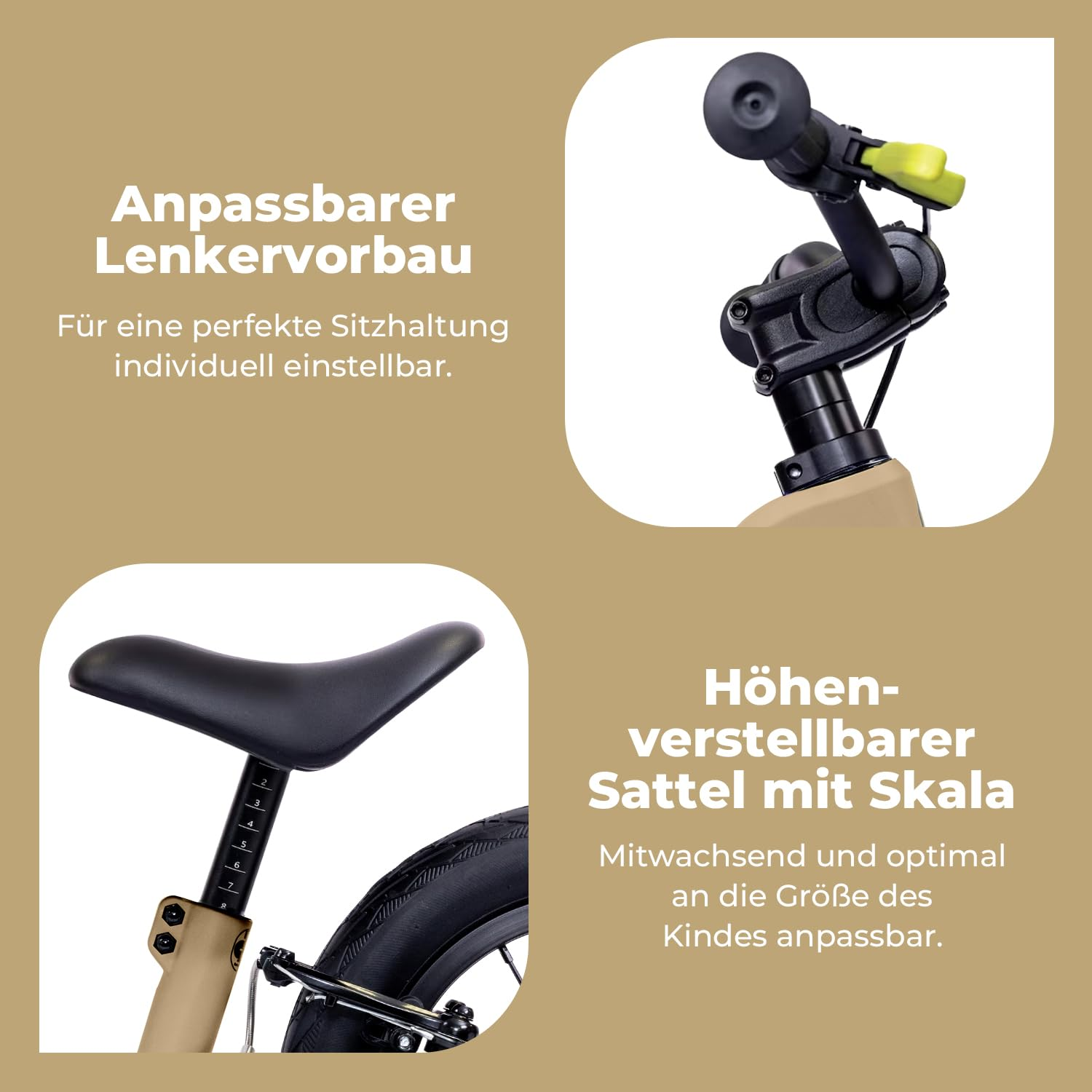 Anpassbarer Lenkvorbau und höhenverstellbarer Sattel mit Skala für Kinderfahrräder.