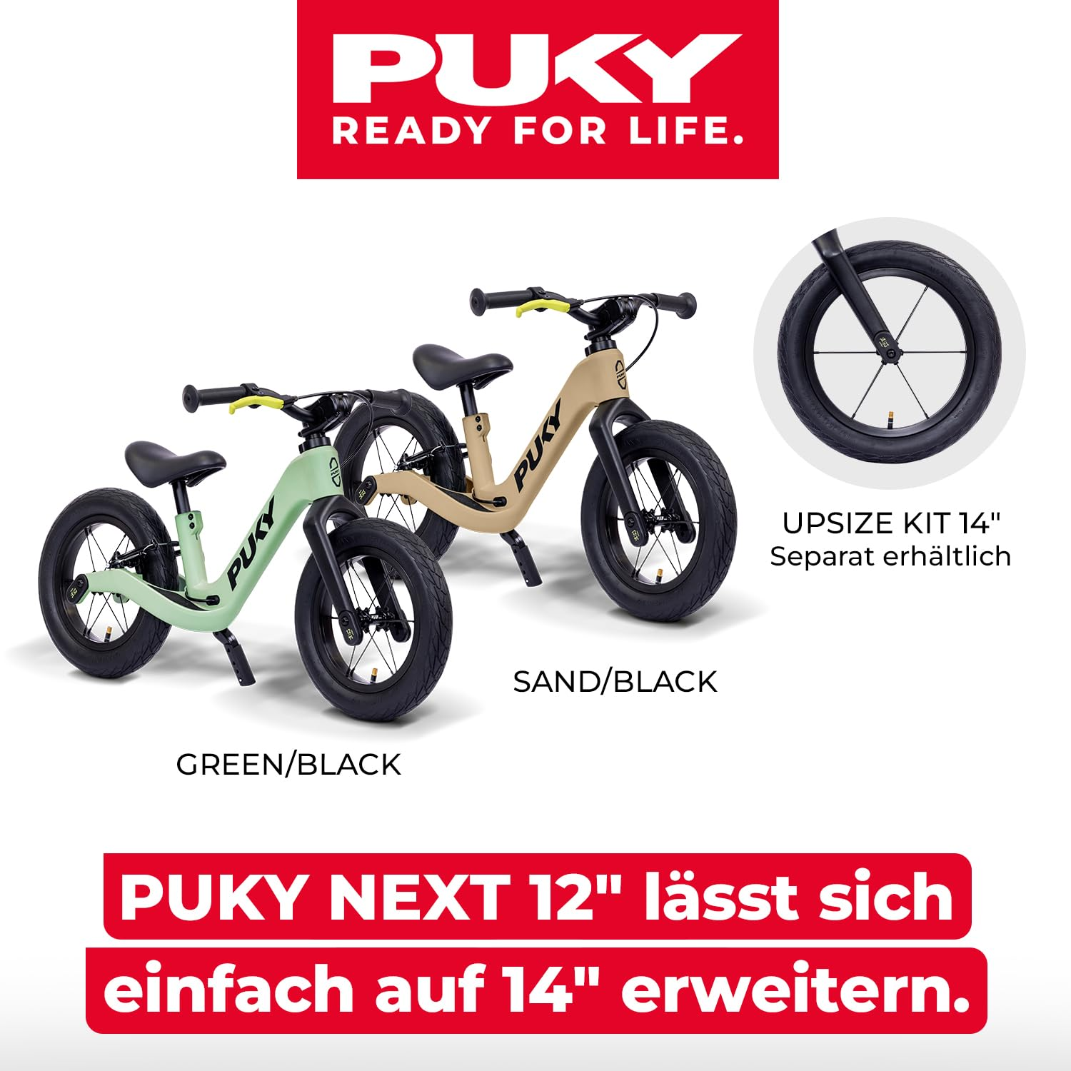 Zwei Puky Next 12 Laufräder in Grün und Sand mit einem Einsatz für das 14-Zoll-Rad-Set.