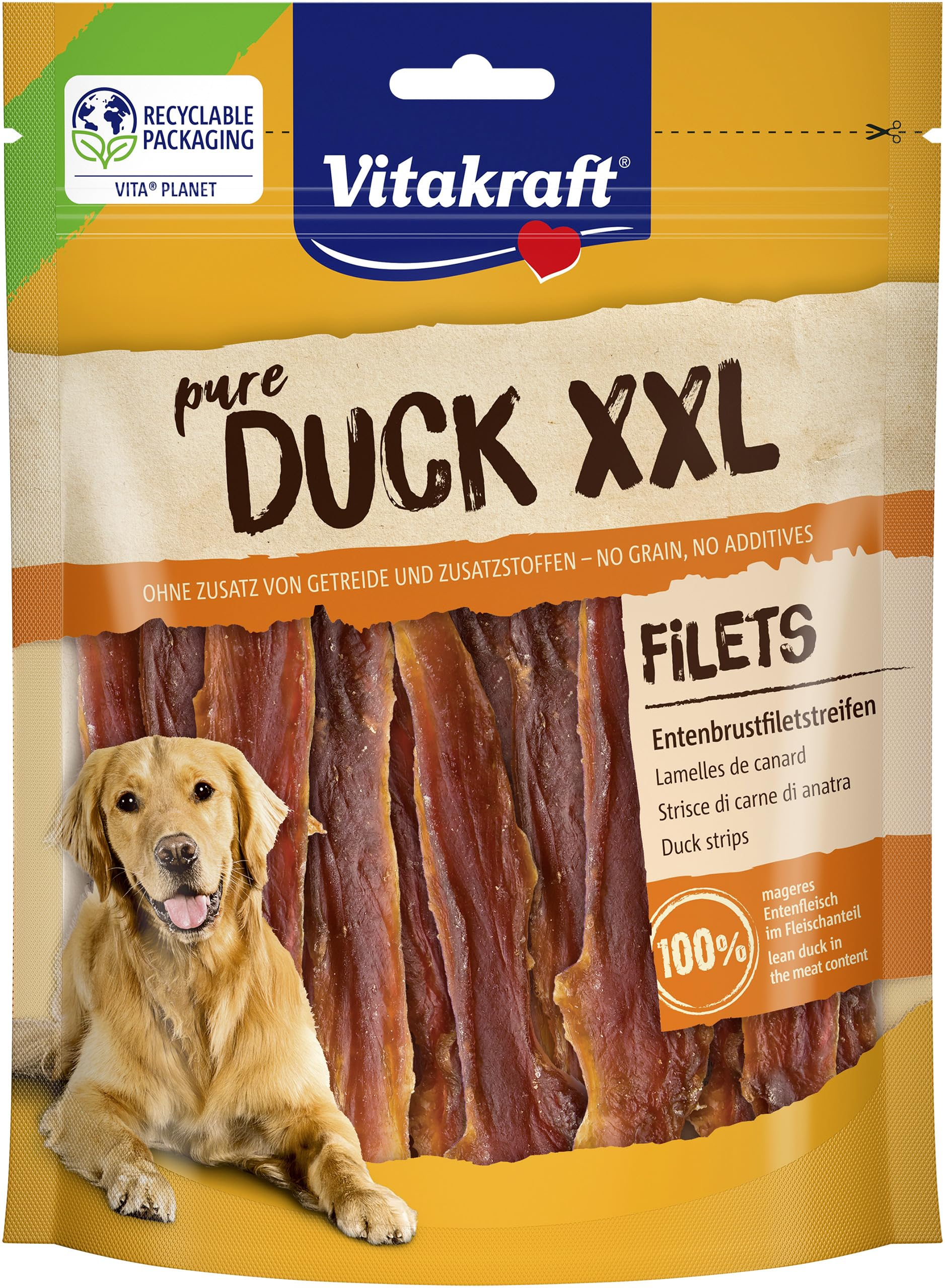 Vitakraft Entenbrustfiletstreifen für Hunde, Packung mit Golden Retriever.