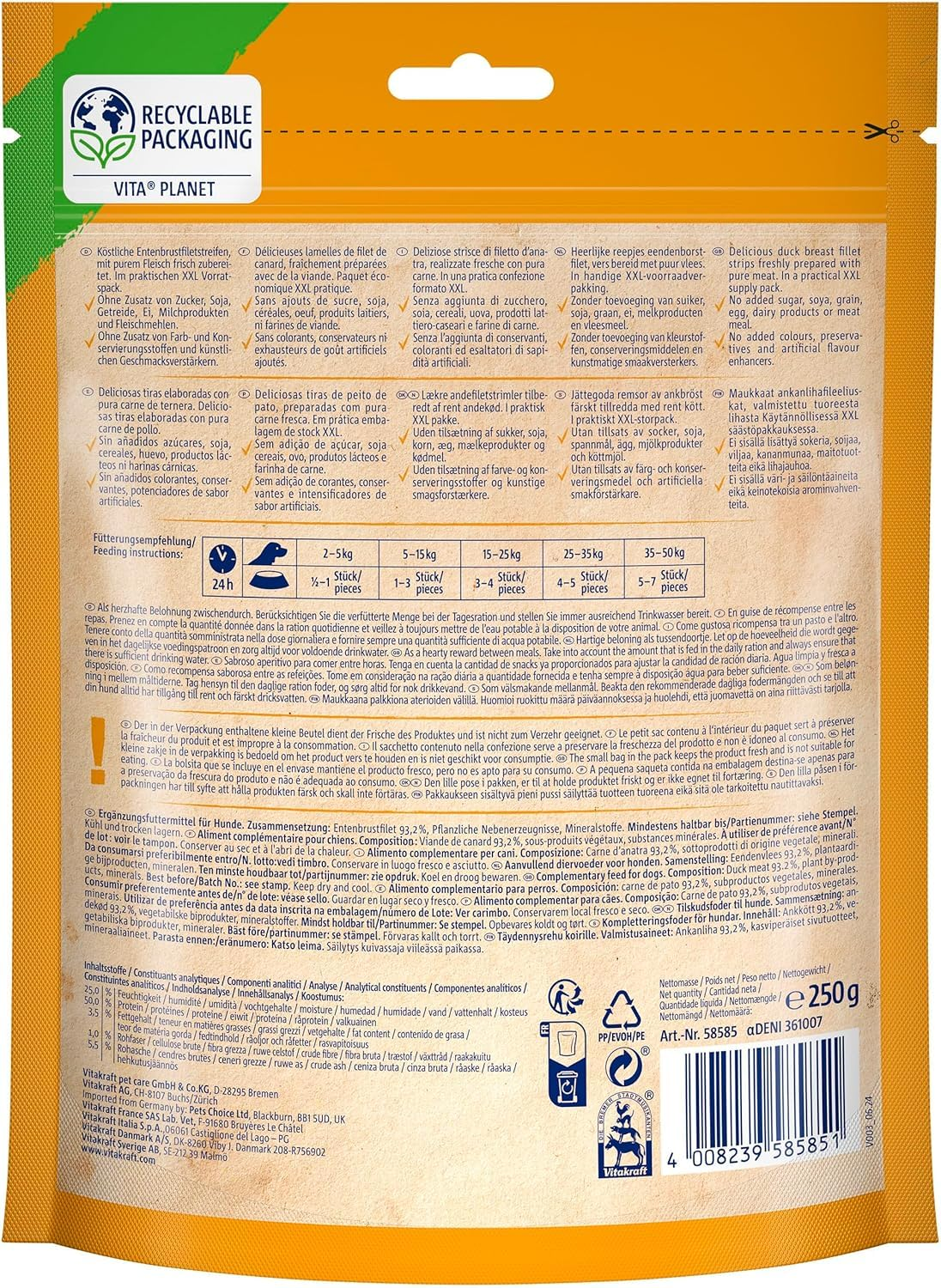 Rückseite der Verpackung mit mehrsprachigem Text, Fütterungstabelle, Zutatenliste und Barcode.