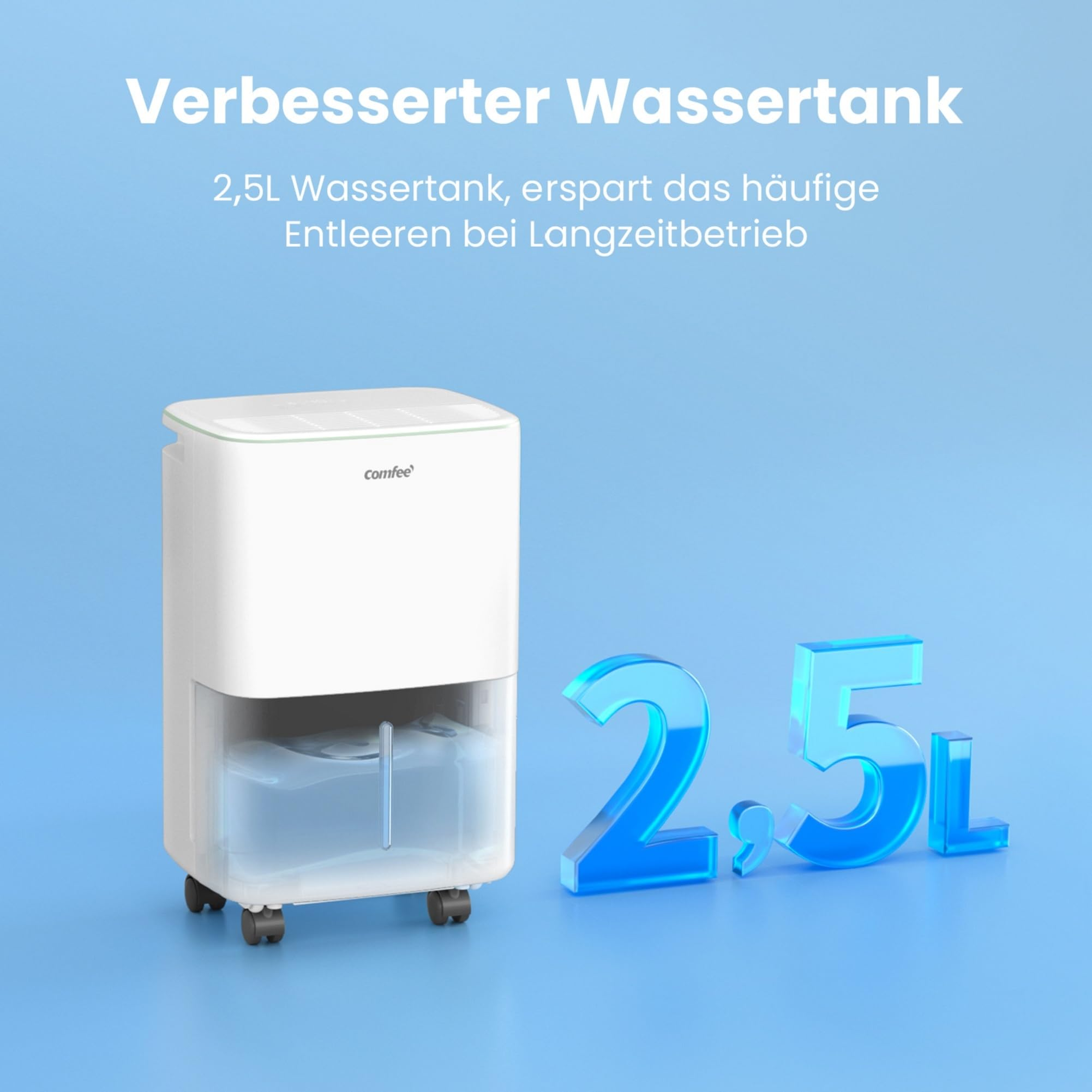 Déshumidificateur blanc avec réservoir d'eau de 2,5L sur fond bleu.