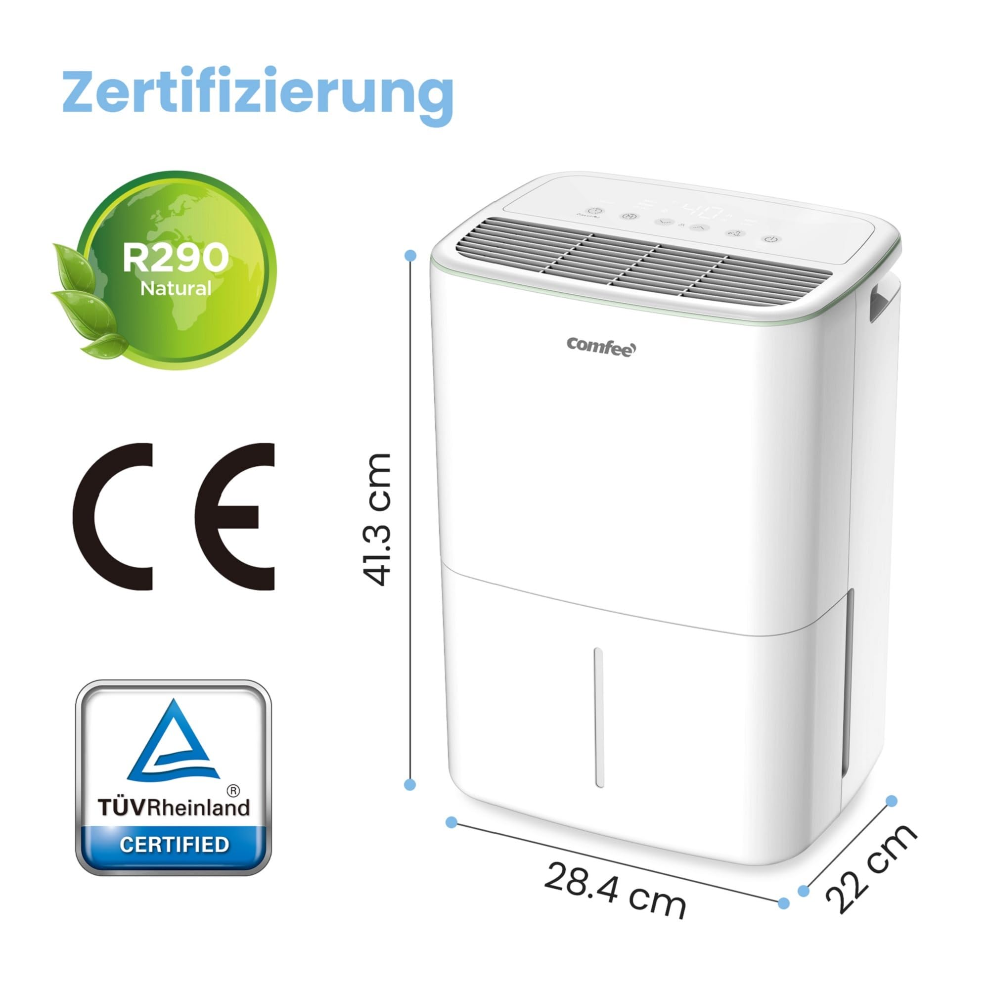 Déshumidificateur Comfee blanc avec dimensions, marquage CE, certificat TÜV et logo R290 sur fond blanc.