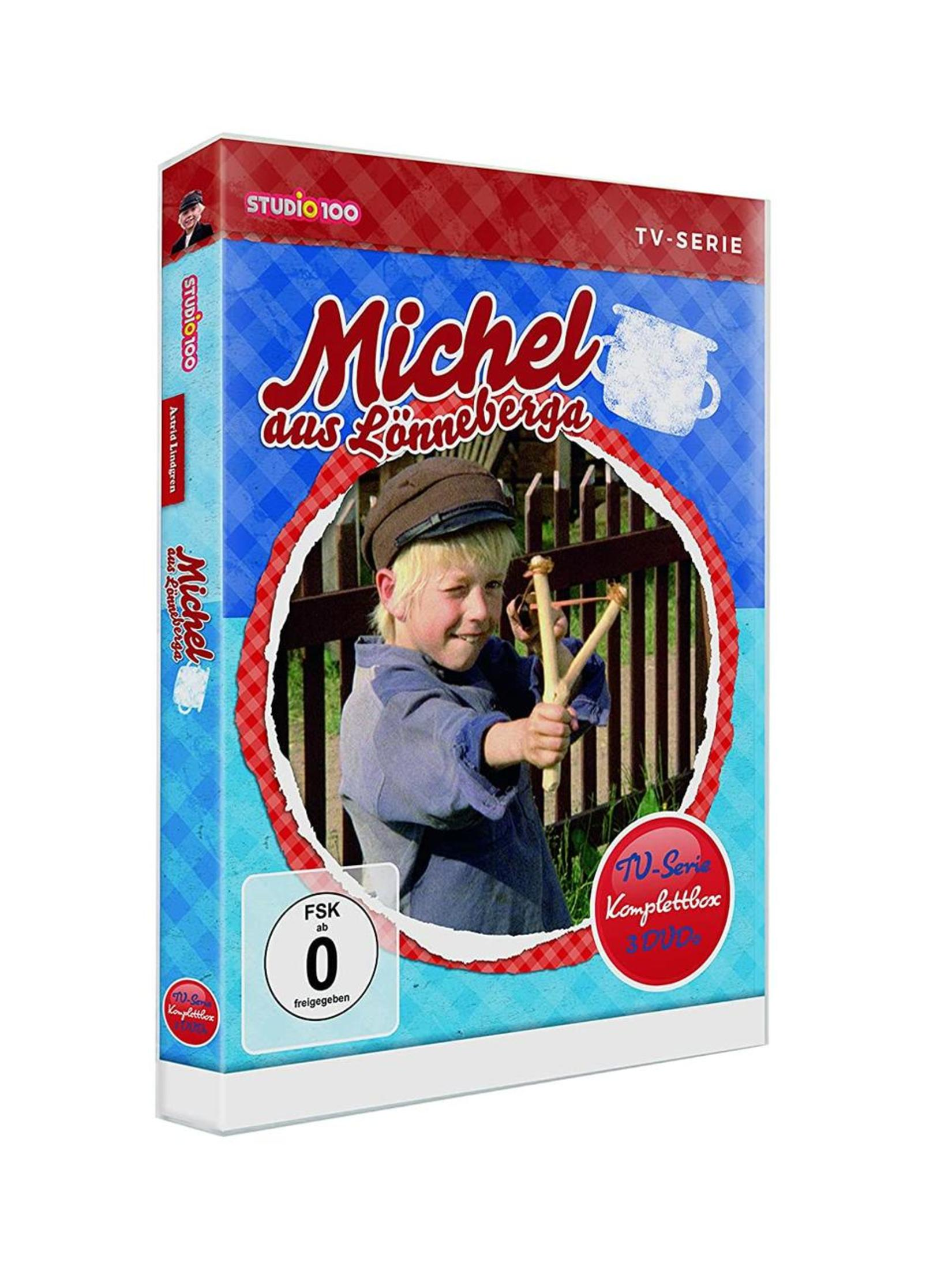 DVD-Cover von Michel aus Lönneberga mit blondem Jungen, der eine Schleuder hält vor einem Holzzaun.
