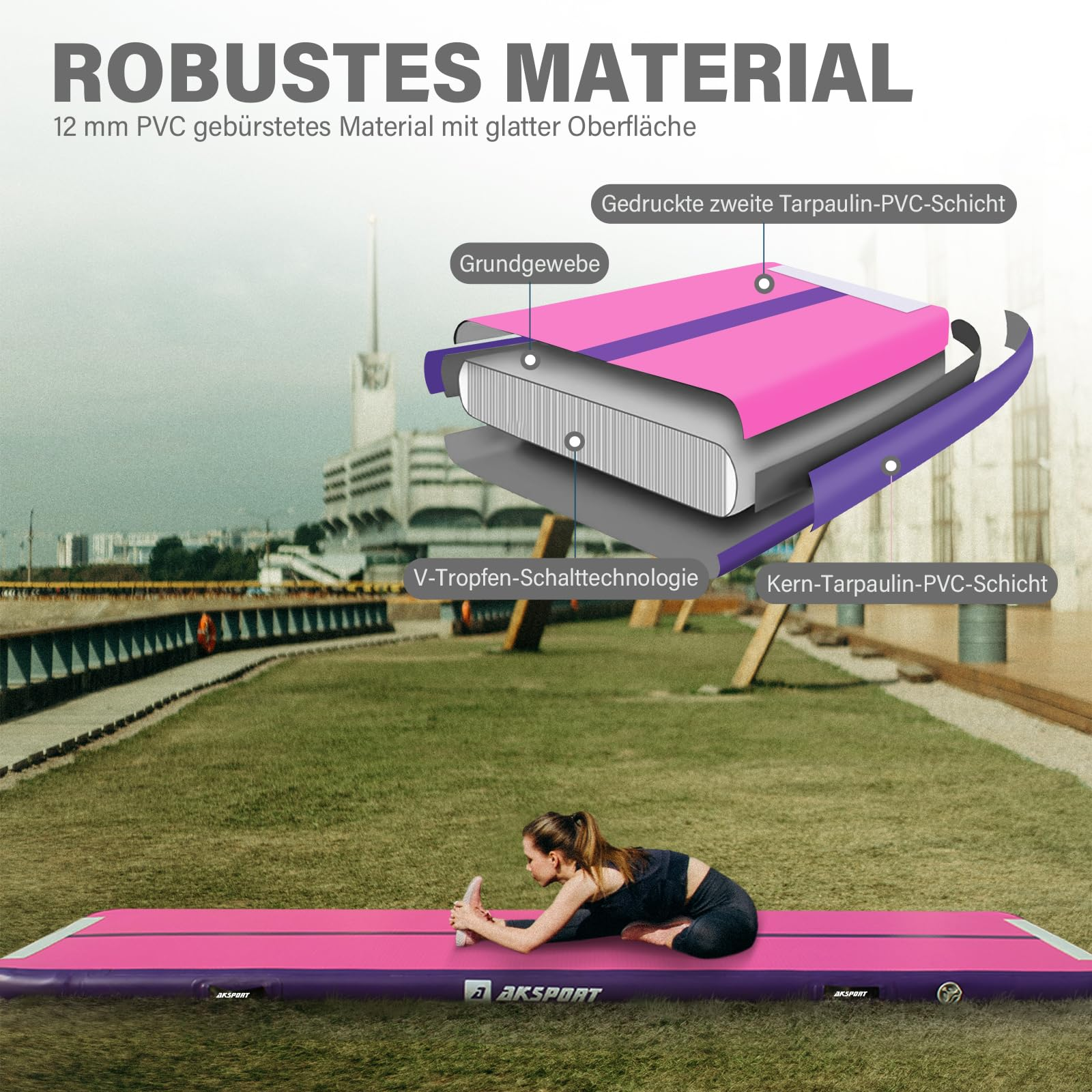 Eine Frau dehnt sich auf einer pink-violetten Gymnastikmatte im Freien, mit Materialdiagramm oben.