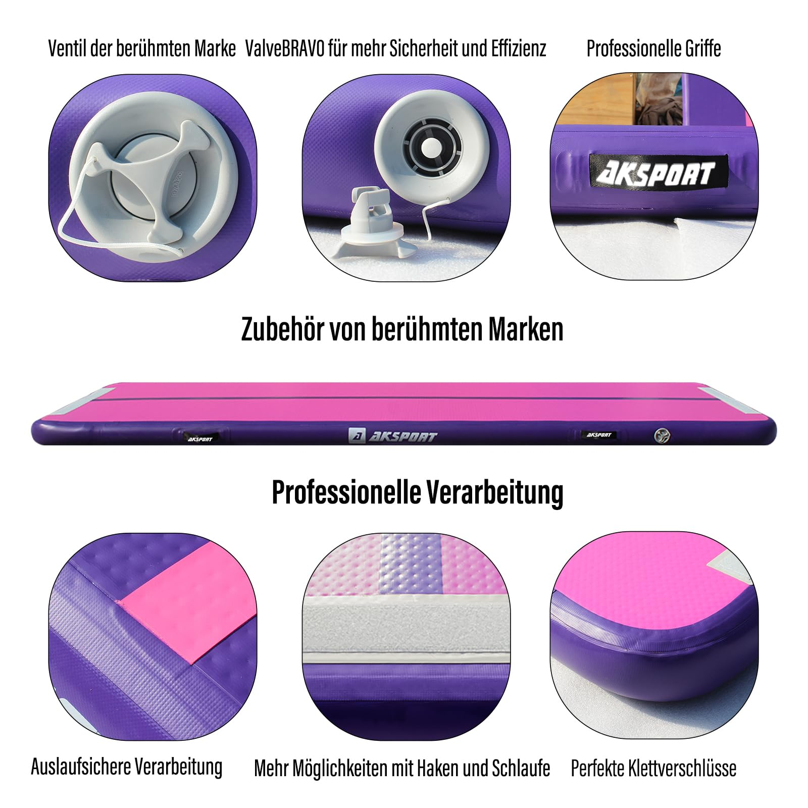 Detaillierte Ansicht der pinken und violetten Luftbahn mit Ventil, Logo und auslaufsicheren Nähten.
