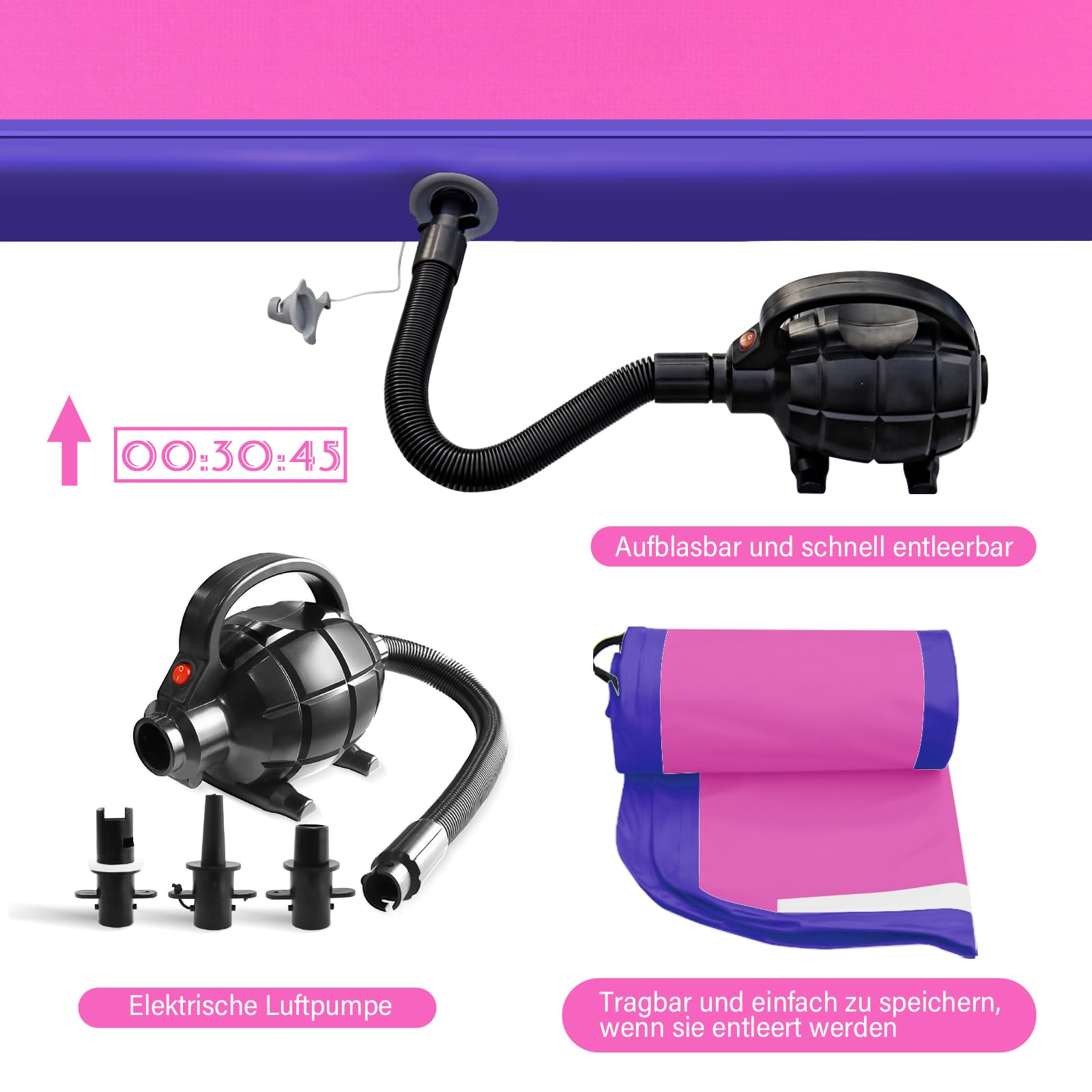 Eine pink-blaue Luftmatte mit elektrischer Pumpe, Schläuchen und Aufsätzen sowie Text auf Deutsch.
