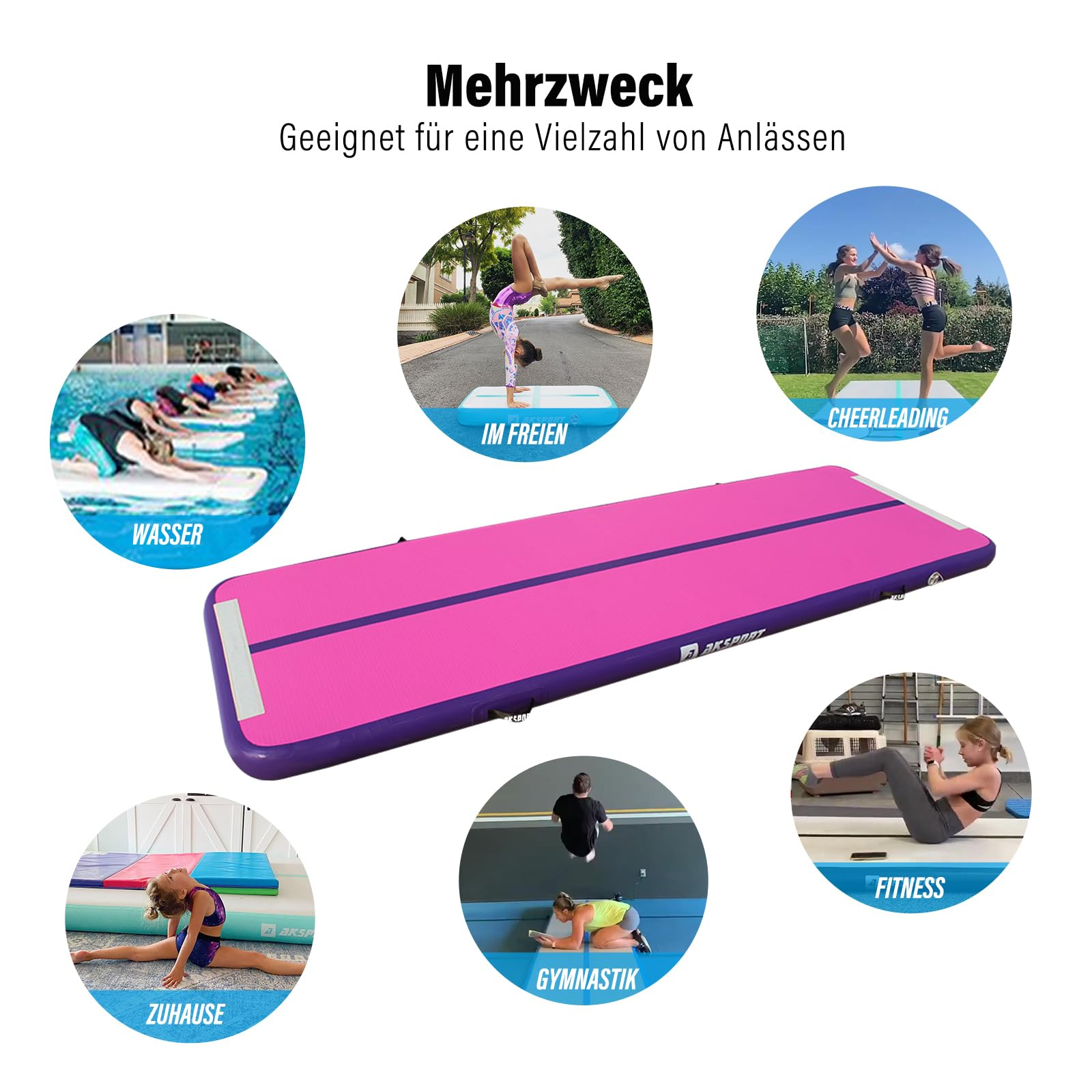 Rosa-lila Inflatable Airtrack-Gymnastikmatte wird mit verschiedenen Sportaktivitäten im Hintergrund gezeigt.