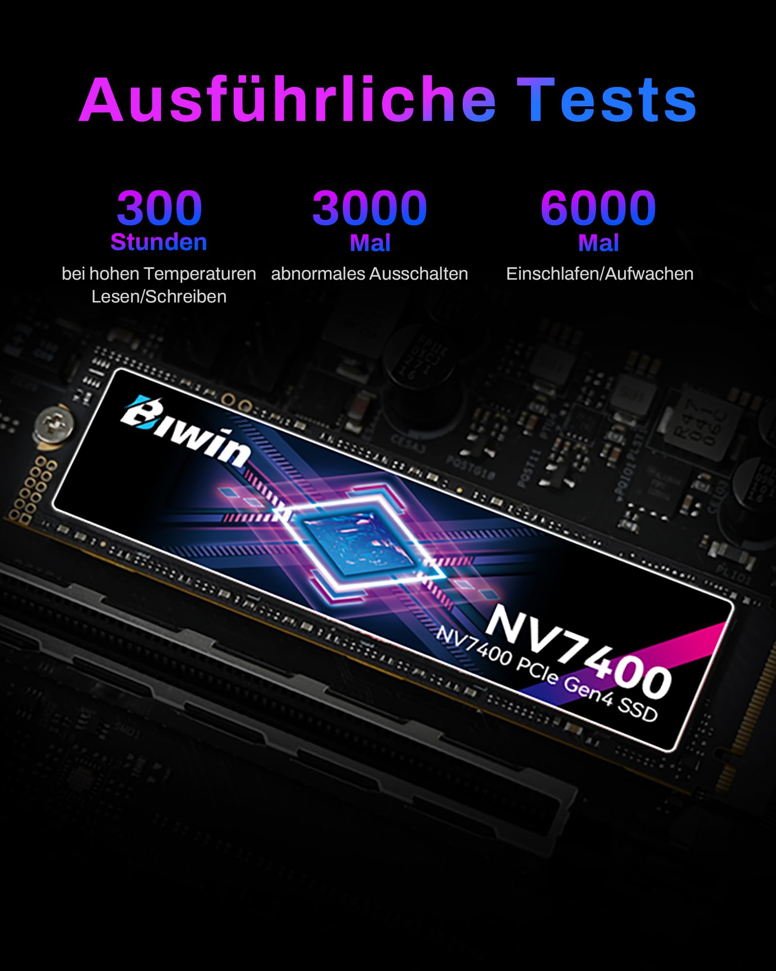 SSD Biwin NV7400 PCIe Gen4 su scheda madre con dati di test in tedesco.