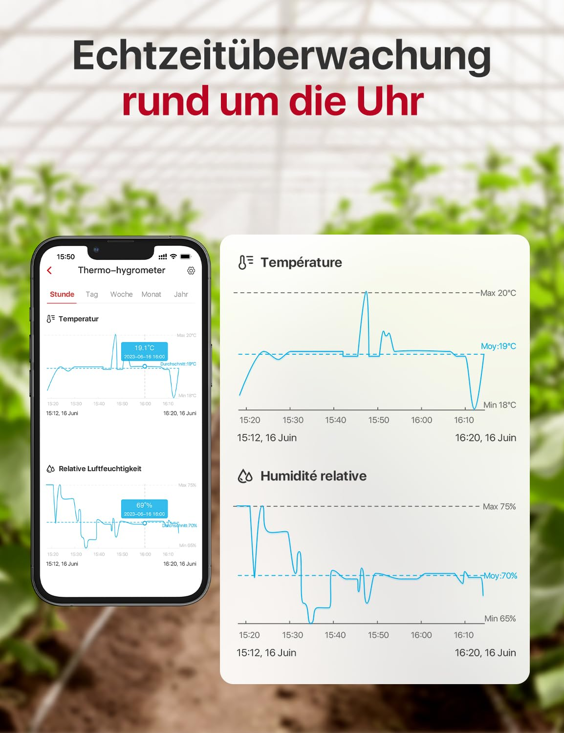 Un smartphone et une tablette affichent des graphiques de température et d'humidité dans une serre.
