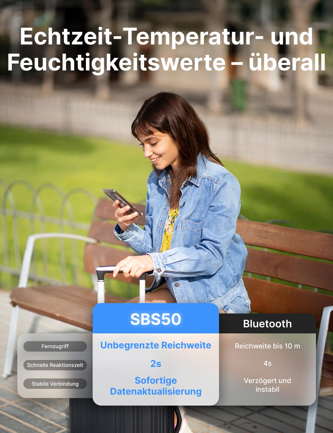 Une femme est assise sur un banc de parc, regarde son smartphone et tient la poignée d'une valise.
