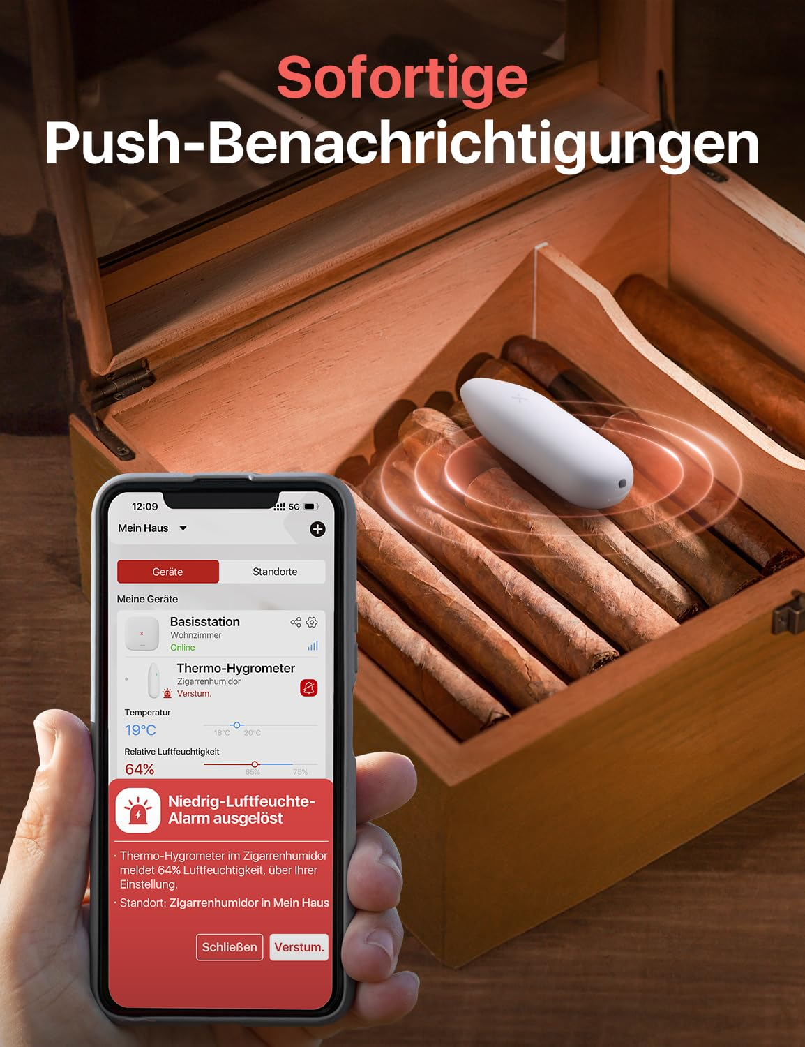 Le smartphone affiche une alerte d'humidité pour la cave à cigares ouverte.