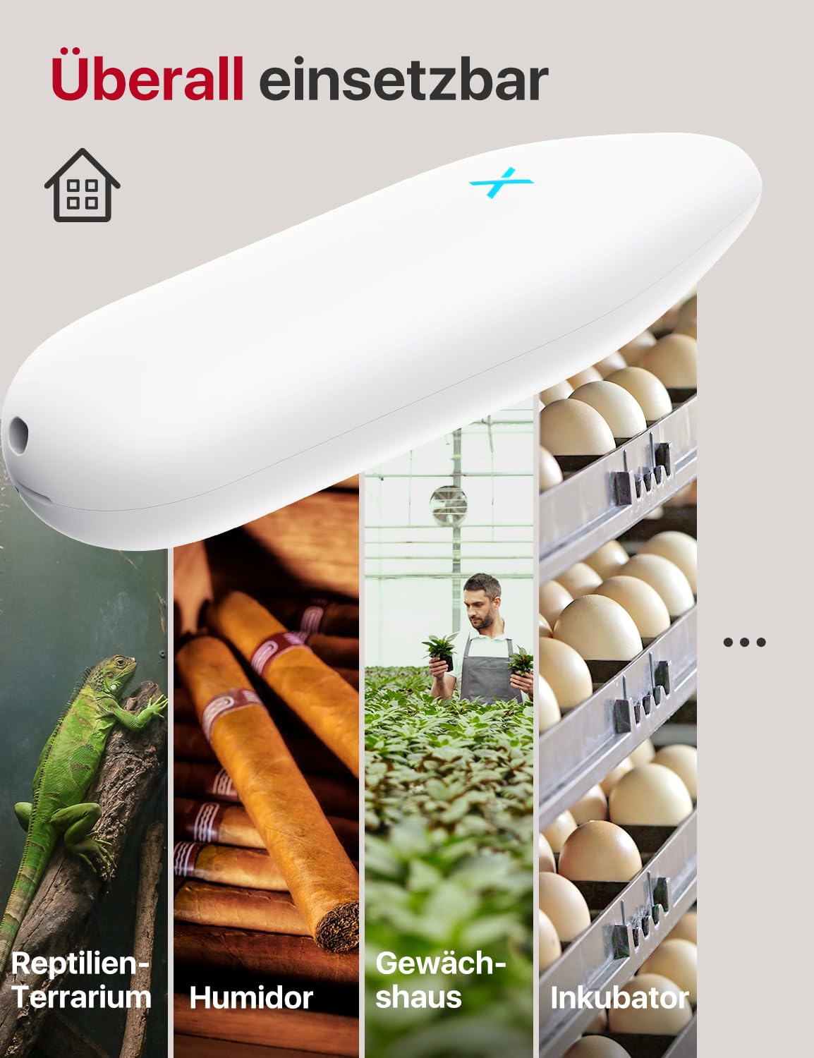 Appareil blanc illustré avec des exemples d'application pour terrarium, humidor, serre et incubateur.