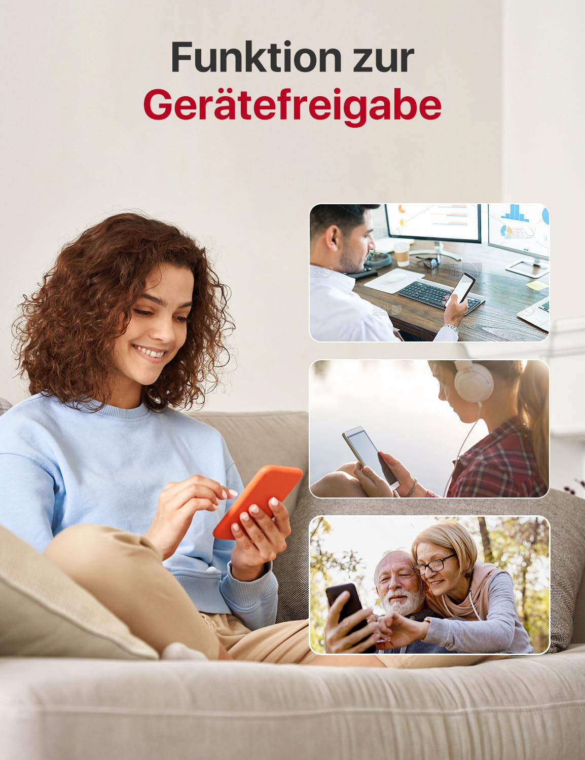 Une femme utilise son smartphone. À droite, trois photos montrent des gens utilisant aussi des mobiles.