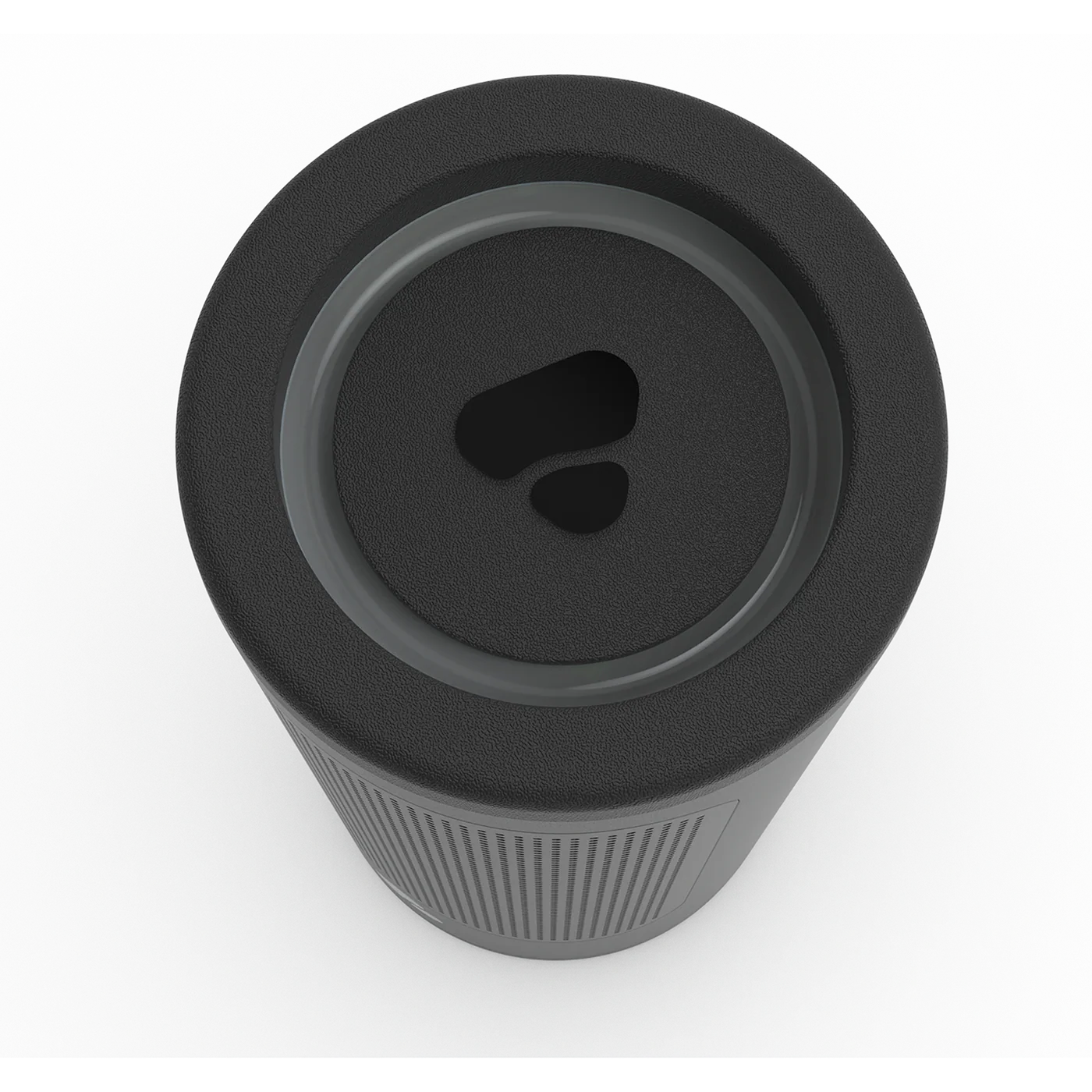 Vue plongeante d'un purificateur d'air cylindrique avec un logo d'entreprise sur le dessus.