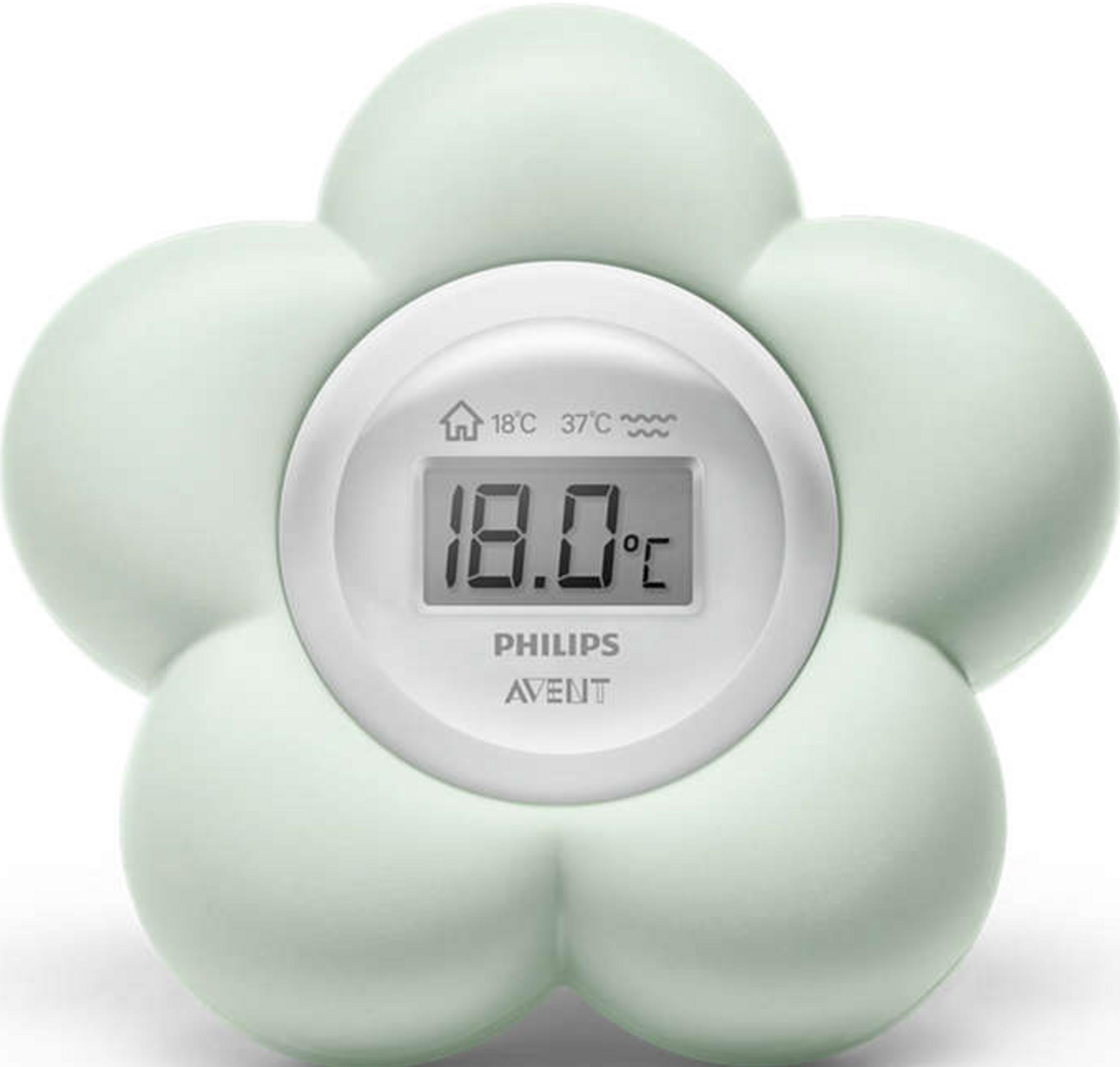 Ein hellgrünes, blumenförmiges Philips Avent digitales Raum- und Bad-Thermometer auf weißem Hintergrund.