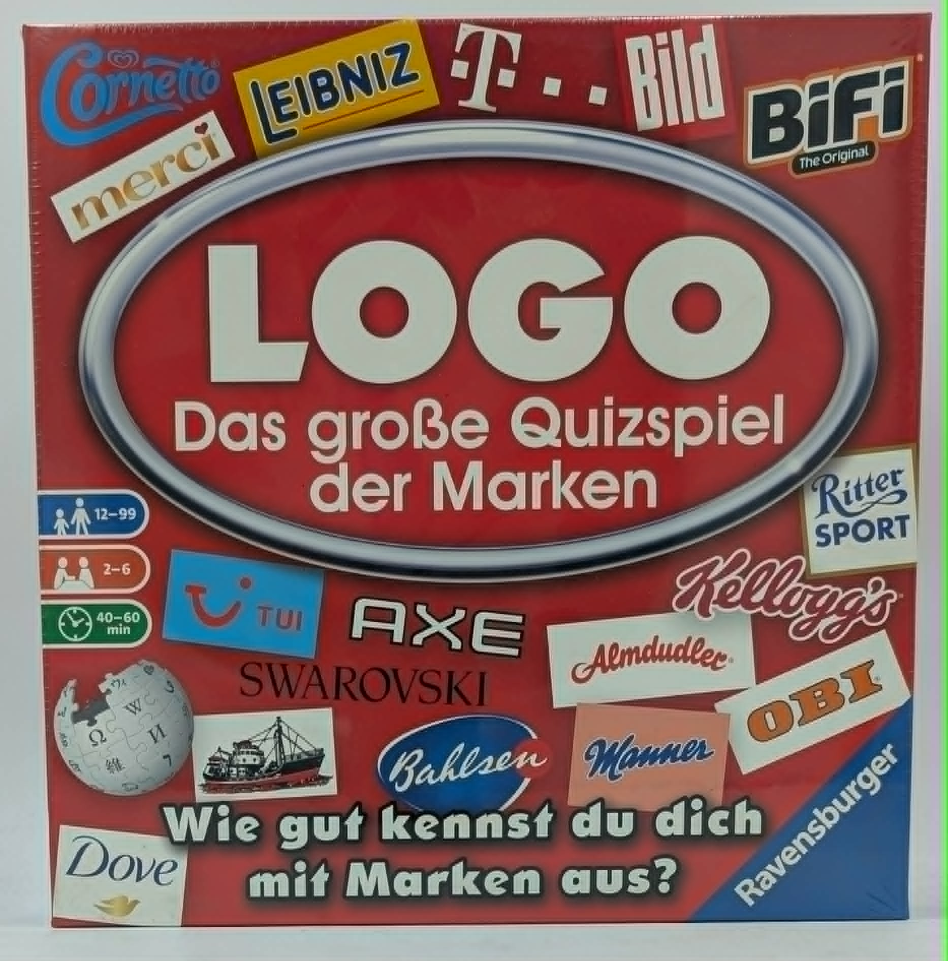 Die rote BrettspielsSchachtel LOGO zeigt bekannte Marken-Logos.