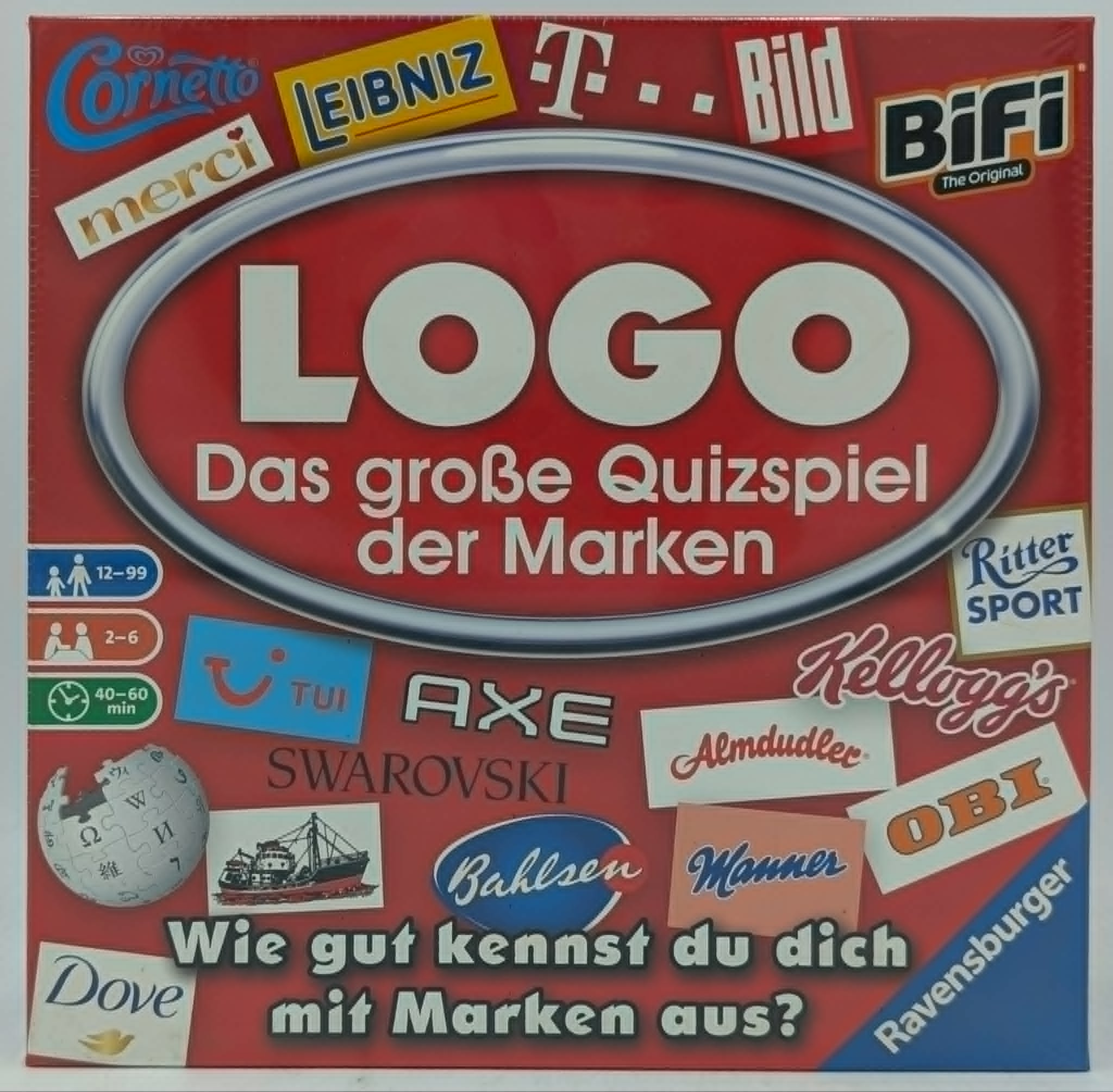 Spielschachtel des LOGO Quizspiels der Marken, rot mit vielen bekannten Markenemblemen.