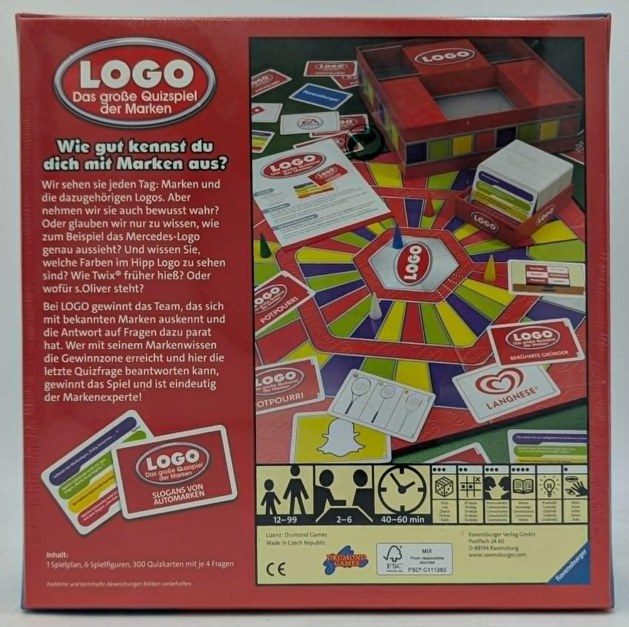 Die Rückseite der Logo-Spielverpackung zeigt das bunte Brettspiel, Kartenstapel, Spielfiguren und den Spieltext.