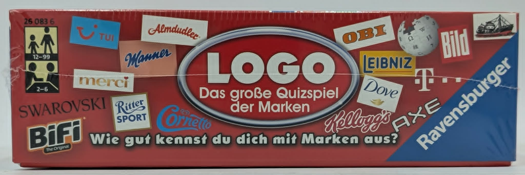 Rote Schachtel des Logo-Quizspiels mit vielen verschiedenen bekannten Markenlogos.