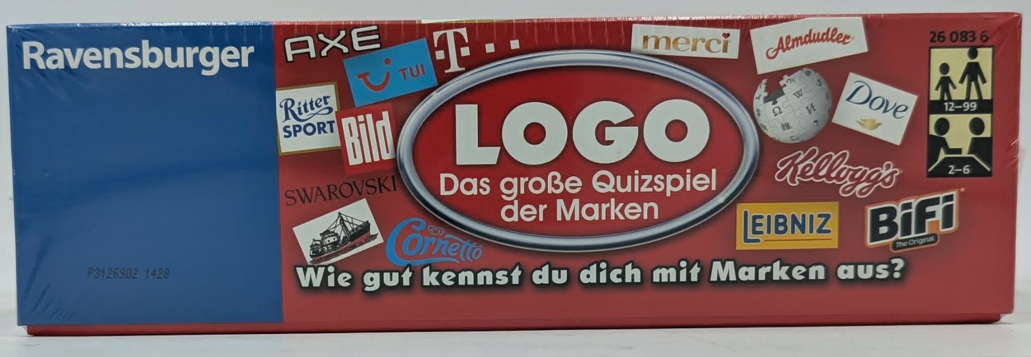 Ravensburger Logo Brettspiel Schachtel mit verschiedenen bekannten Markenlogos auf rotem Hintergrund.