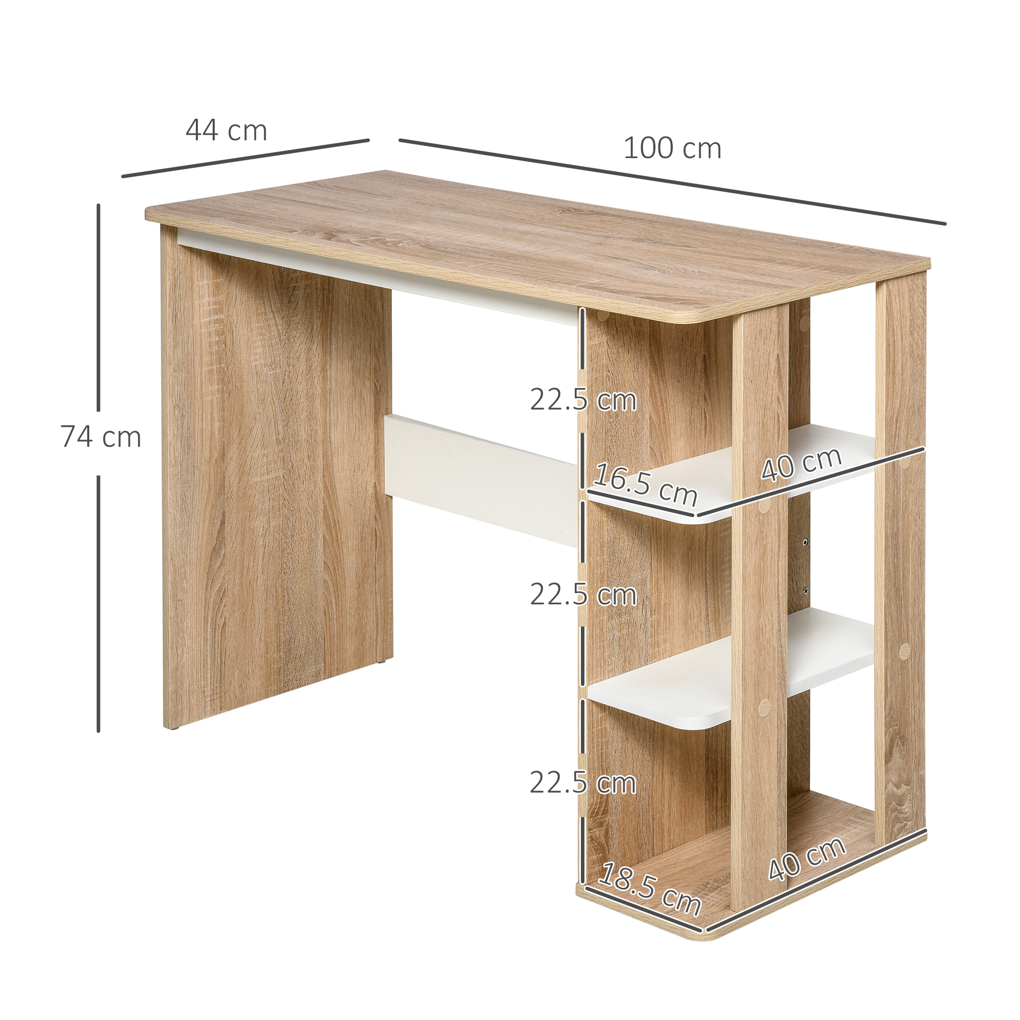 Scrivania color legno con scaffali integrati e etichette di misurazione.