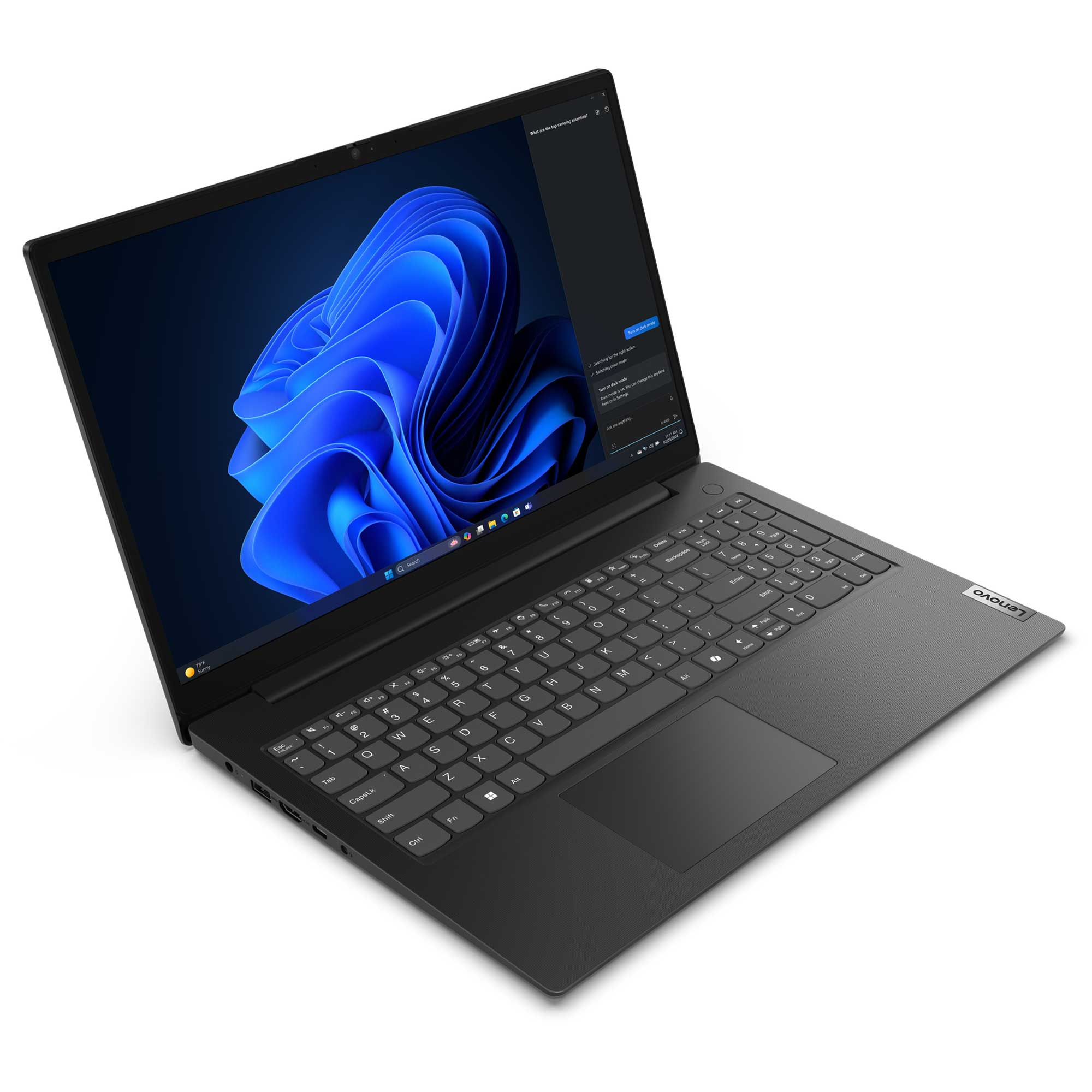 Beyaz bir yüzeyde açık duran siyah Lenovo dizüstü bilgisayar, ekranda mavi bir duvar kağıdı.
