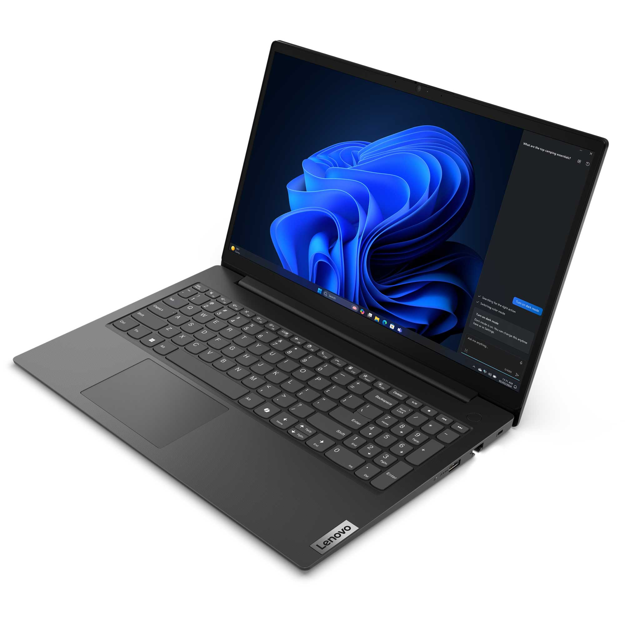 Beyaz arka planda mavi ekran koruyuculu ve açık arayüzlü gri bir Lenovo dizüstü bilgisayar.