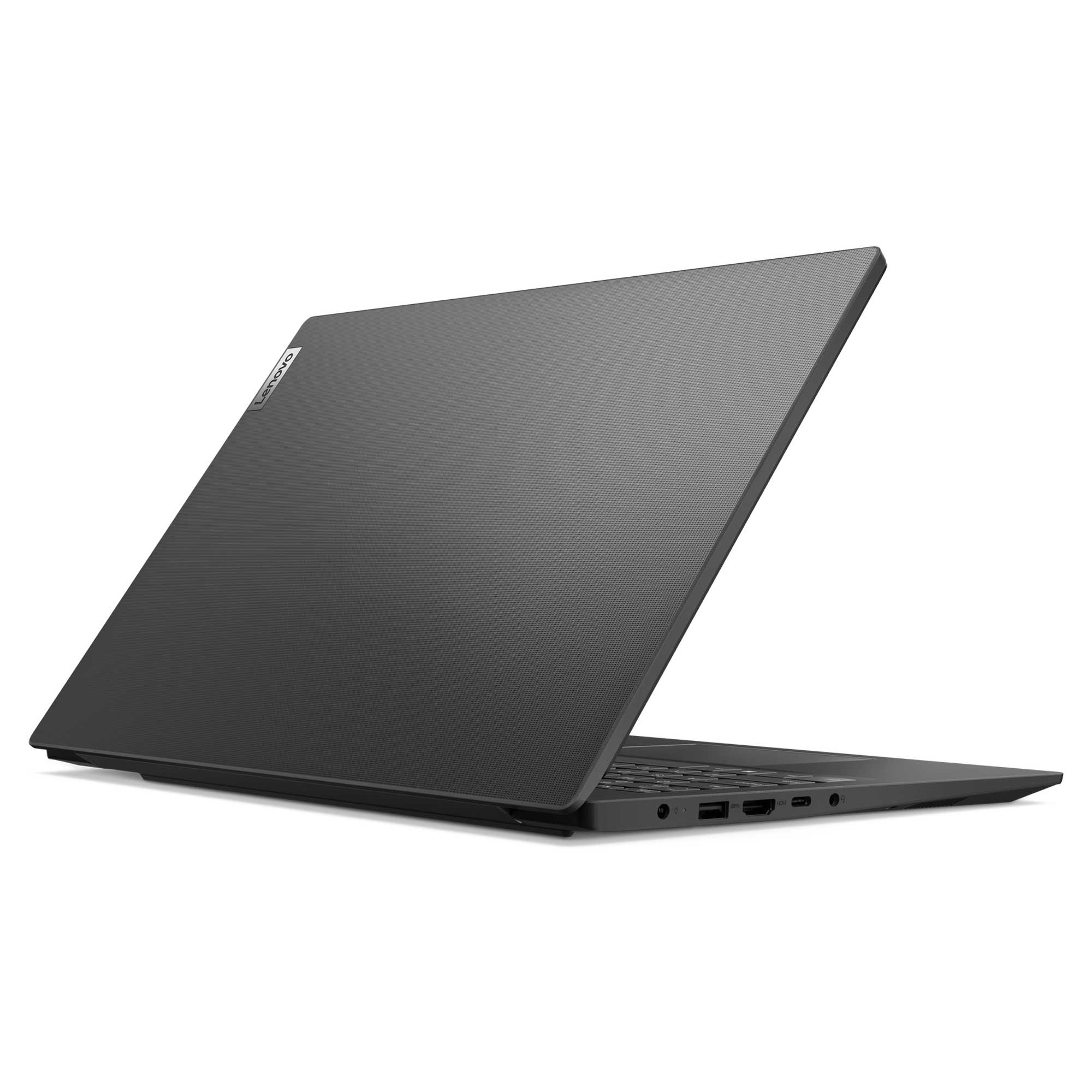 Gri renkli Lenovo dizüstü bilgisayar beyaz arka planda kapalı duruyor, yanında portlar görünüyor.
