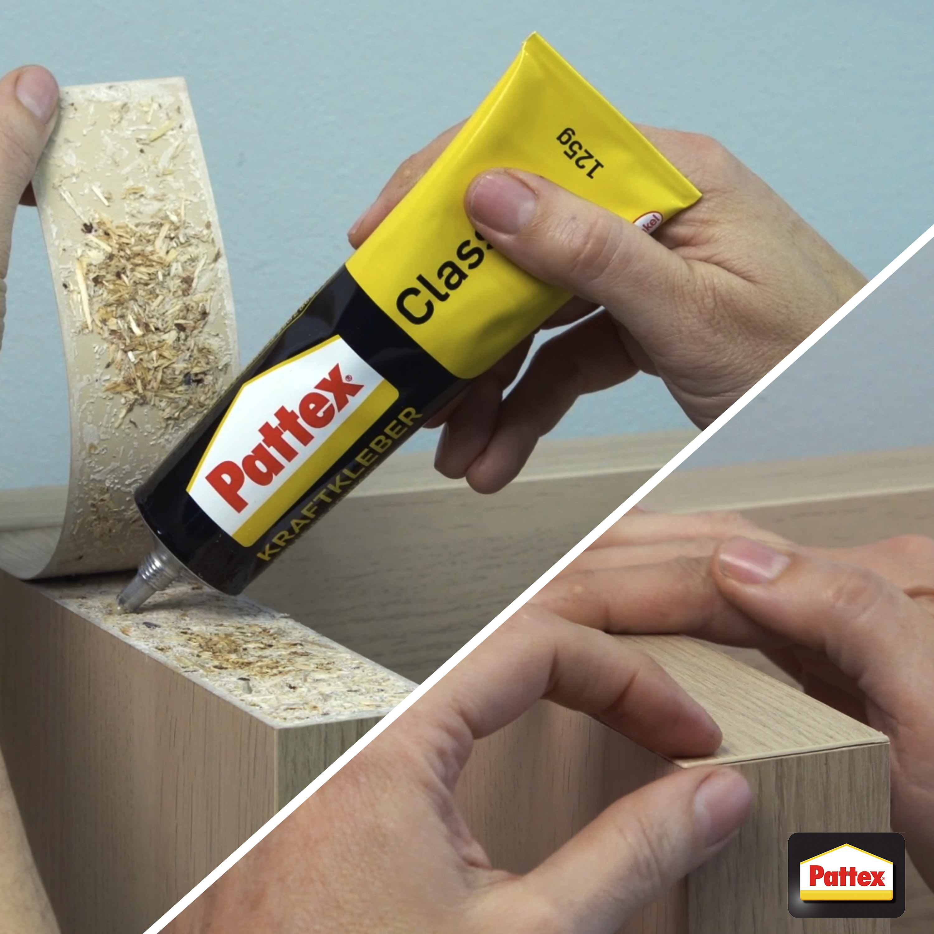 Geteilter Bildschirm zeigt Pattex-Kleber auf Spanplattenkante und das Anbringen von Furnier.