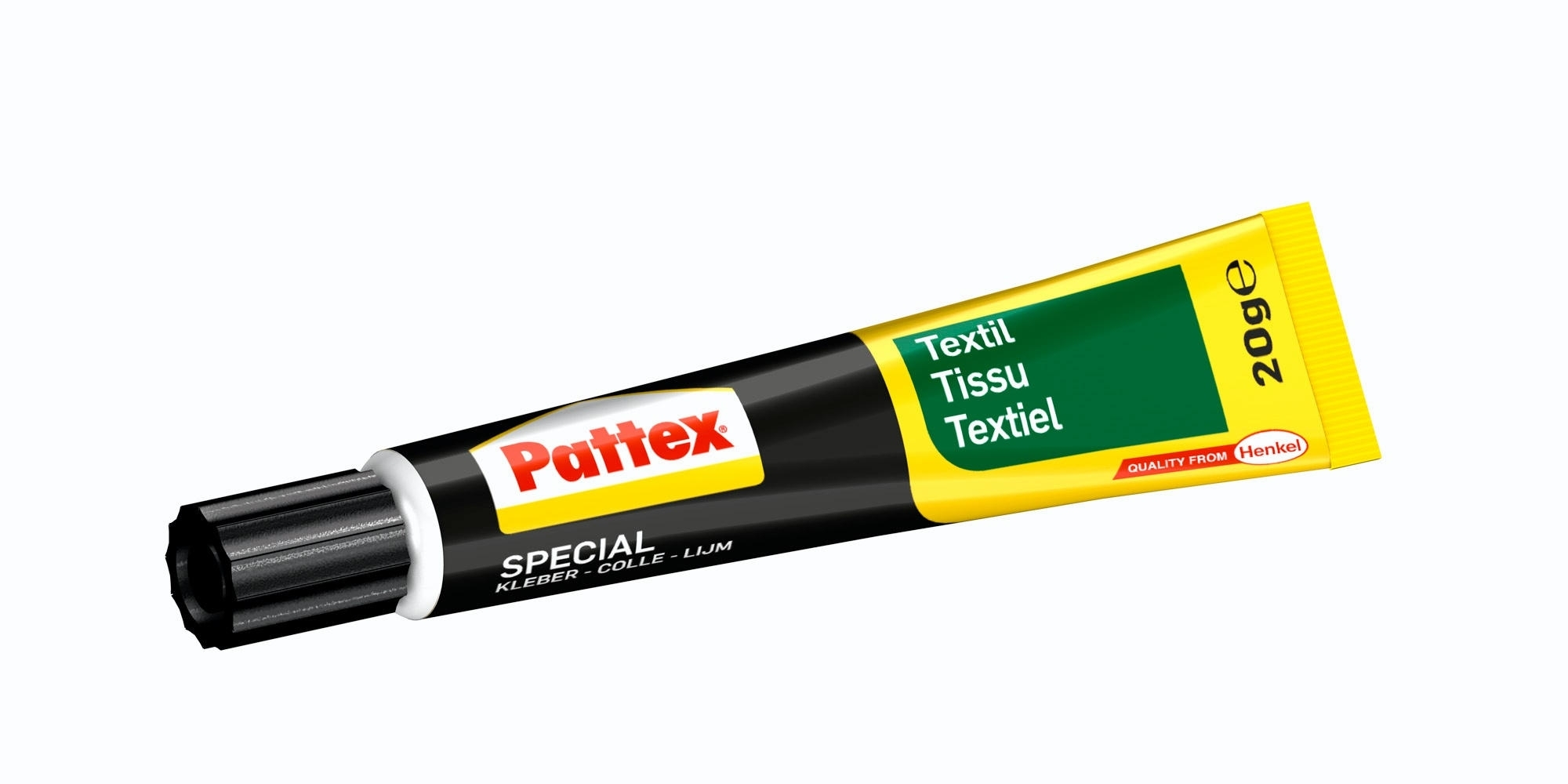 Eine Pattex Textilkleber-Tube in Schwarz, Gelb und Grün mit schwarzem Schraubverschluss auf wei§em Hintergrund.