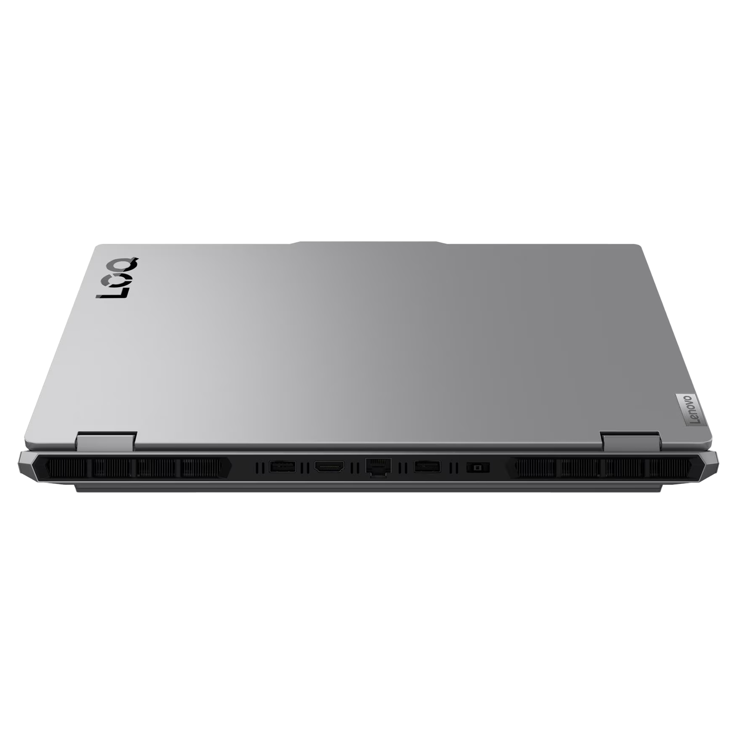 Portları ve havalandırma ızgaralarını gösteren kapalı gri bir Lenovo LOQ dizüstü bilgisayarın arka görünümü.