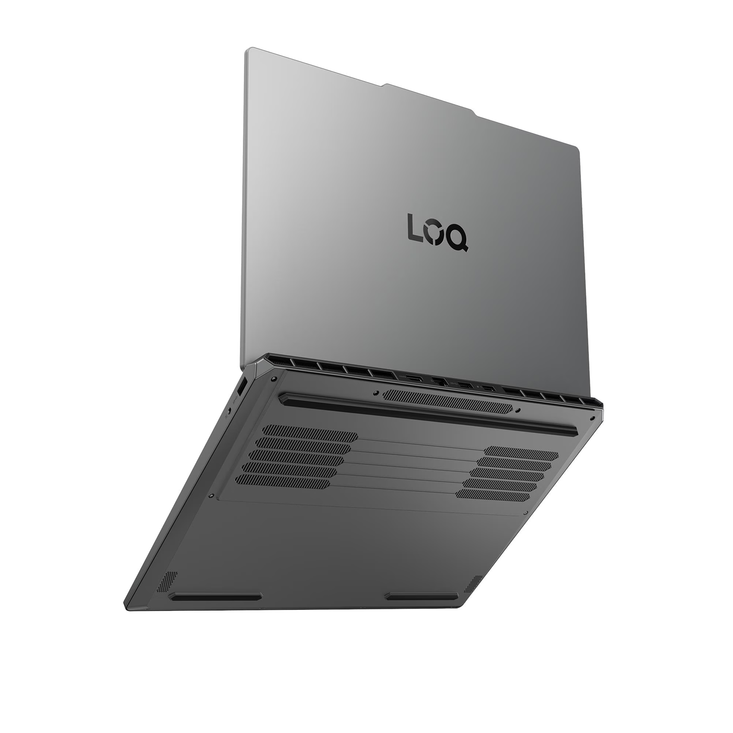 Arka ve alttan görünen gri renkli Lenovo LOQ dizüstü bilgisayar, havalandırma delikleri ve portlar.