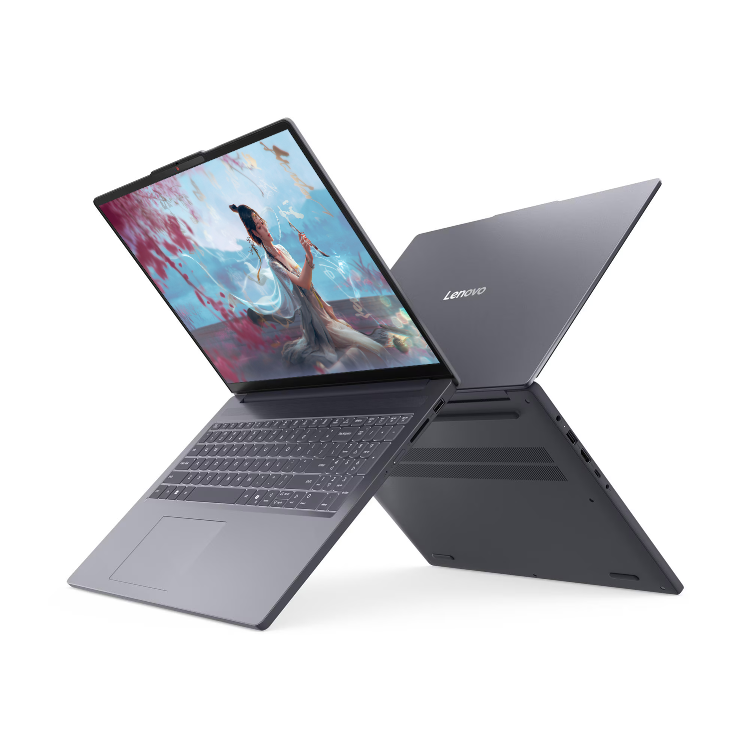 Iki gri Lenovo dizustu bilgisayar birbirine acili duruyor, biri renkli bir resim gosteren ekrana sahip.