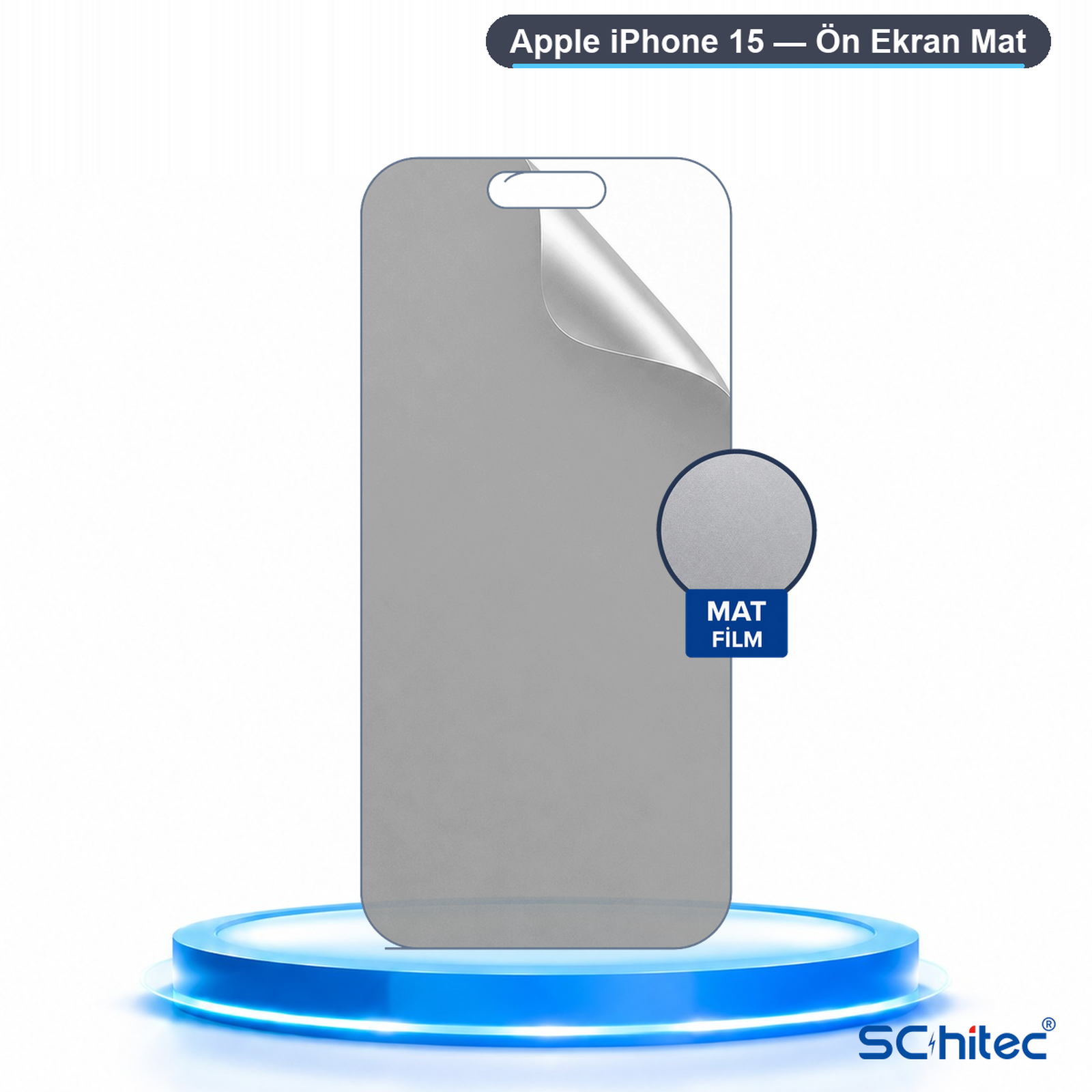 Parlayan mavi bir podyum üzerinde iPhone 15 için mat ekran koruyucu.