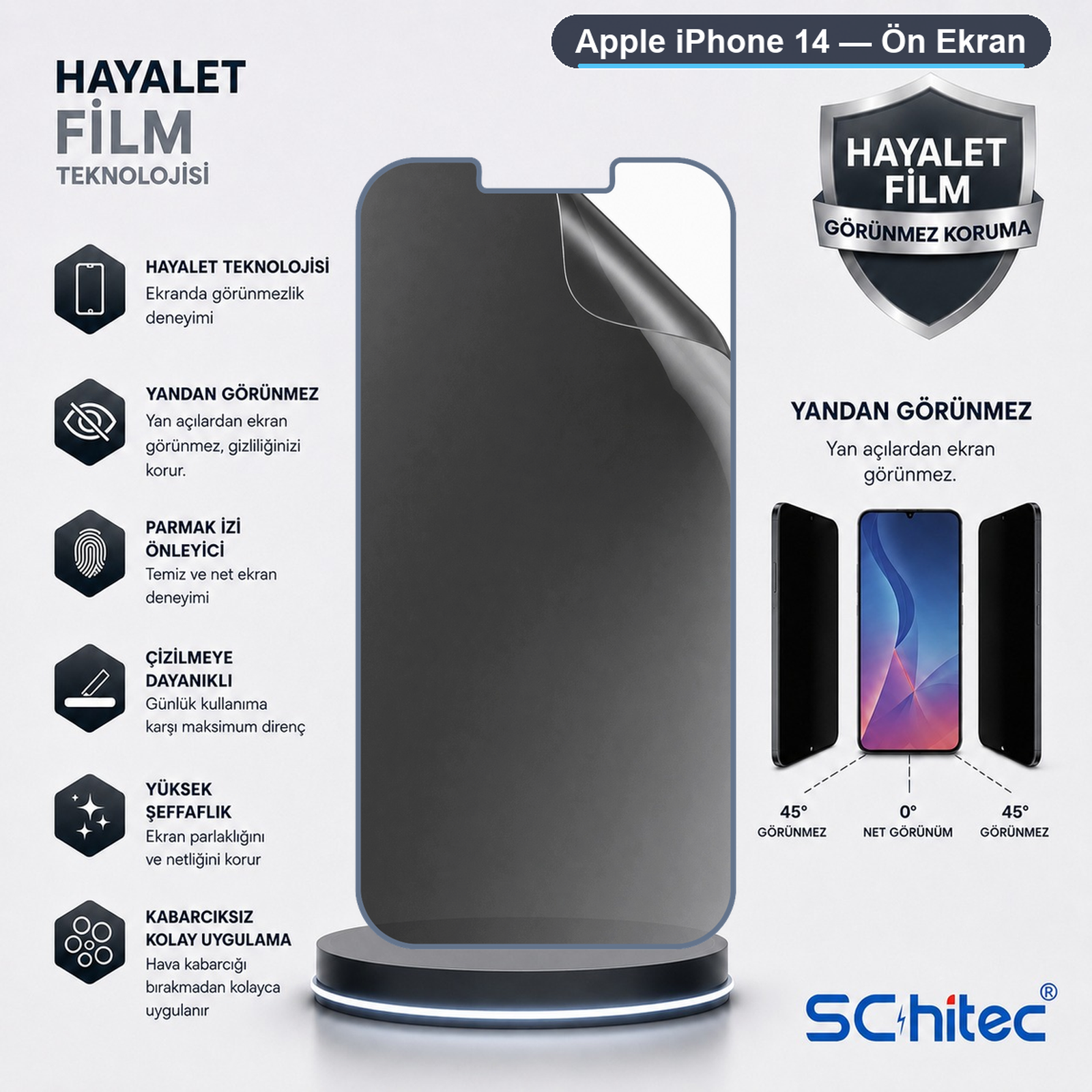 iPhone 14 için hayalet film ekran koruyucu özellikleri ve görselleri.