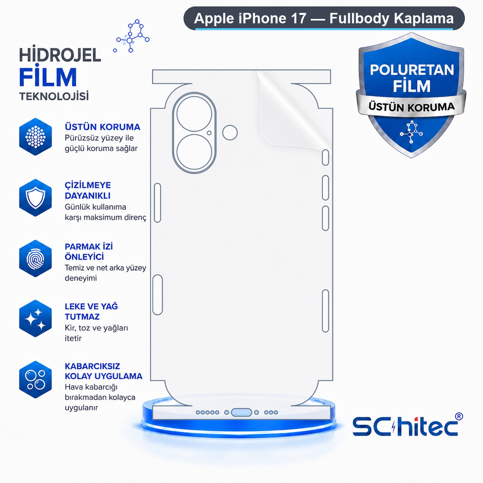Apple iPhone 17 fullbody hidrogel film reklamı, koruma özelliklerini Türkçe olarak gösteriyor.