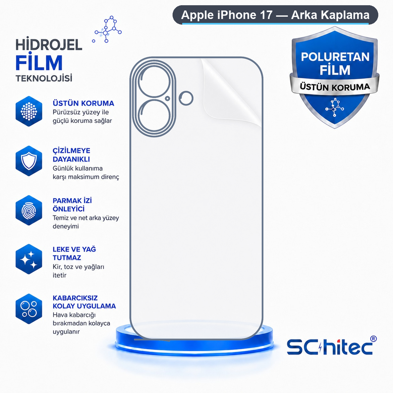 Özellikler ve logo içeren iPhone 17 hidrojel arka kaplama tanıtım görseli.