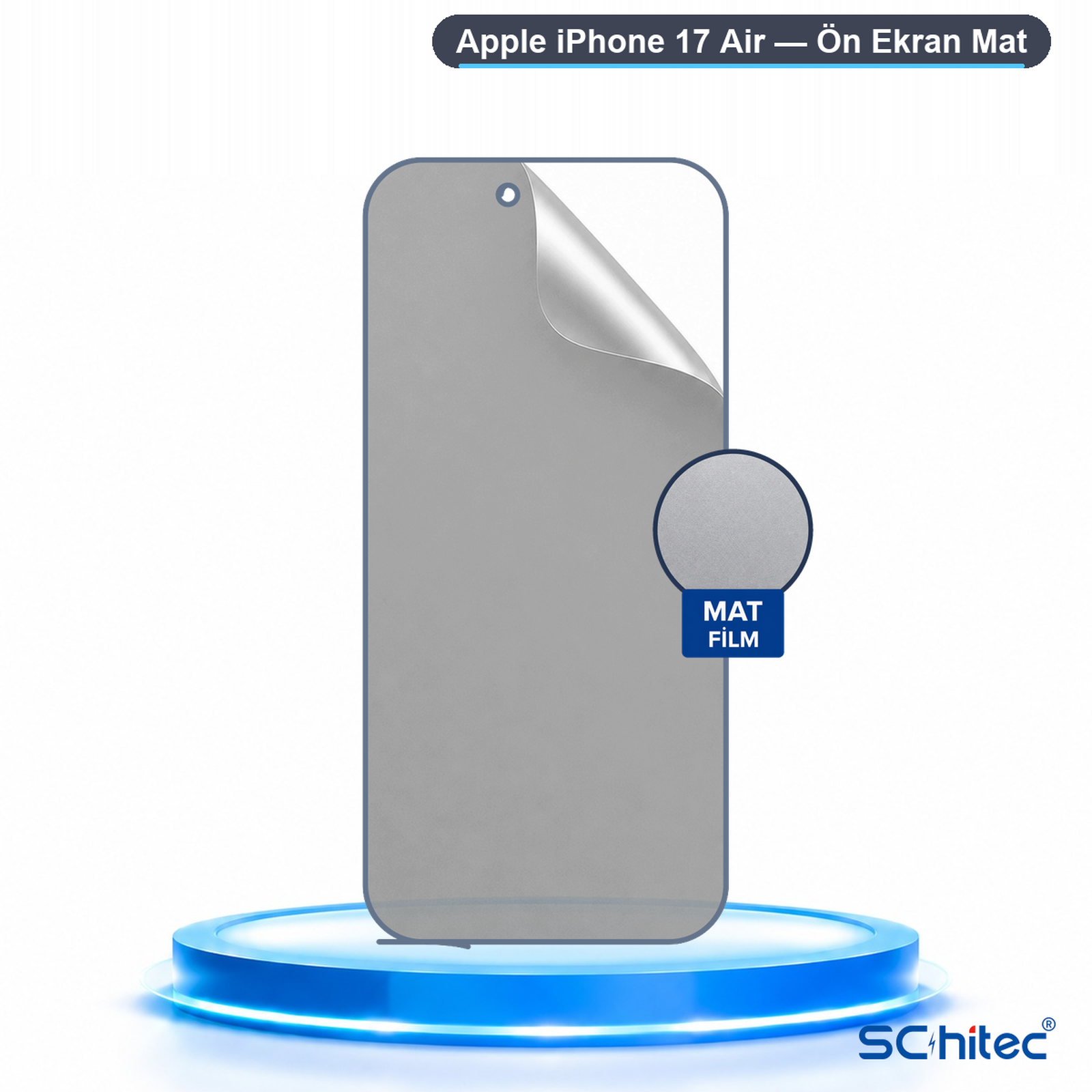 Mavi işıklı bir podyum üzerinde mat iPhone 17 Air ekran koruyucu film.