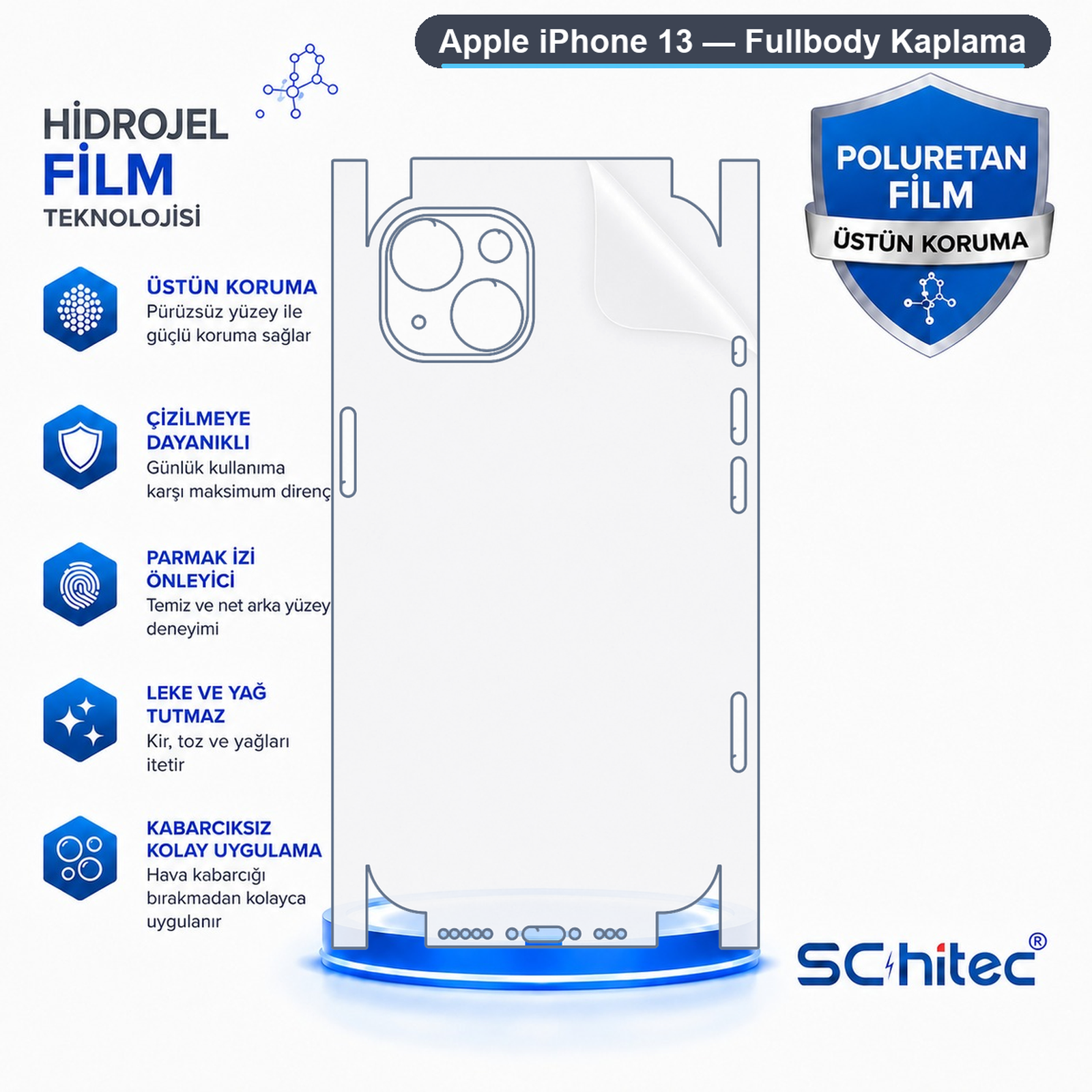 iPhone 13 için hidrogel ekran koruyucuyu tanıtan, koruyucu özelliklerini vurgulayan bilgilendirici bir görsel.