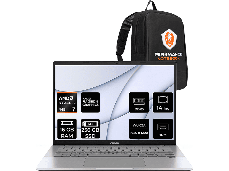 ASUS VB S14 FHD+ M3407GASF013WP307 AMD Ryzen AI 7 445 16 GB RAM 256 GB SSD 14 inç FreeDOS Laptop+Çanta Gri