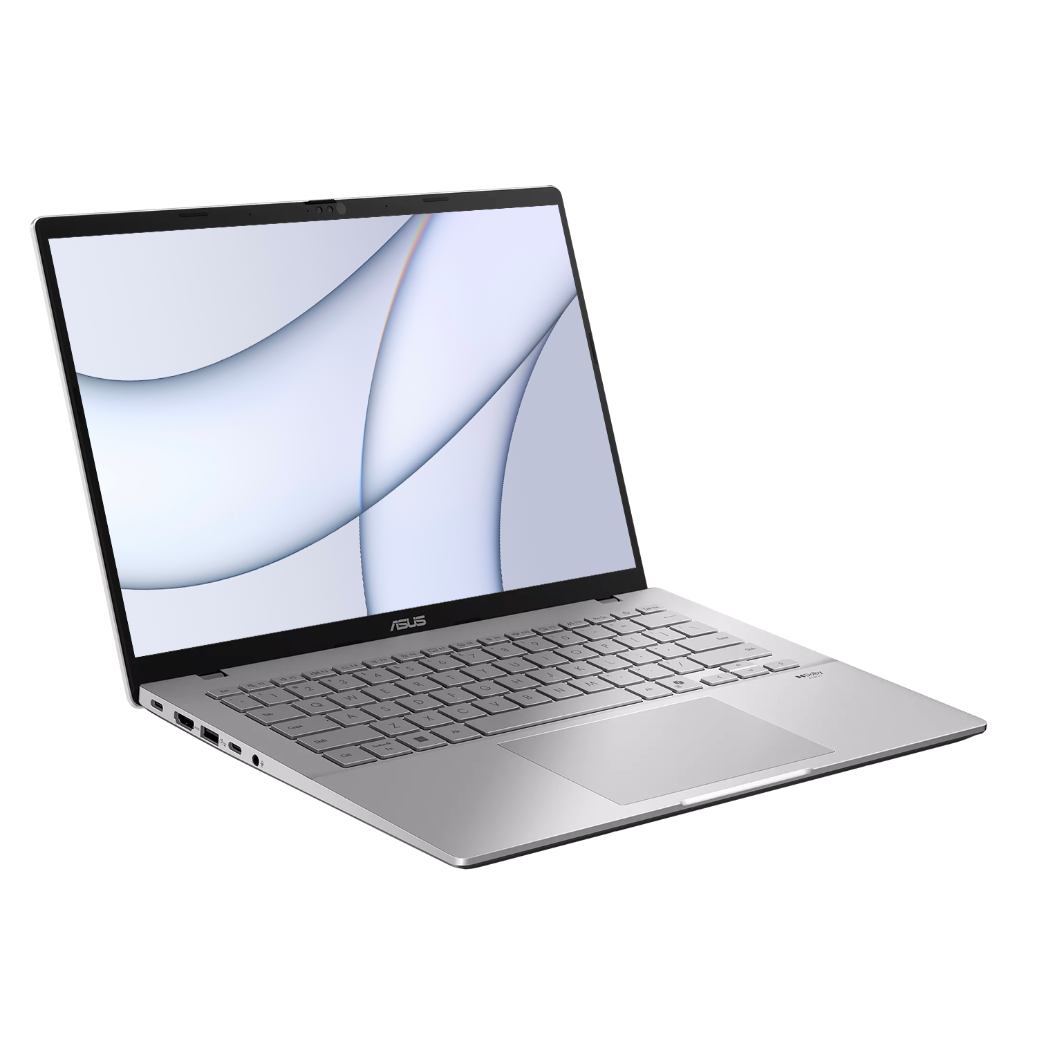Soyut mavi tasarım gösteren açık ekranlı gümüş renkli bir Asus dizüstü bilgisayar.